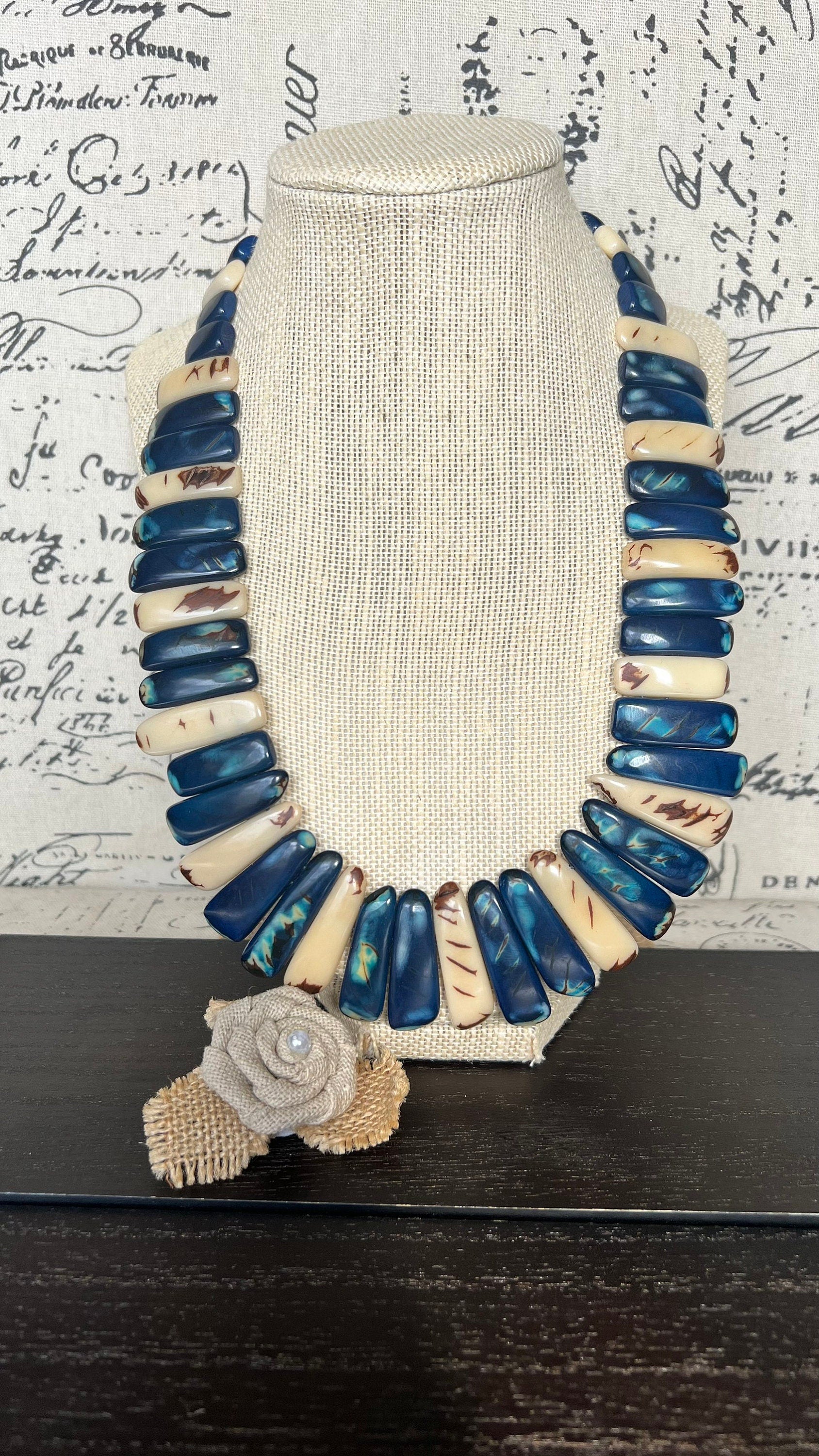 Blue and ivory statement necklace Tagua jewelry Adjustable cord Fall fashion Fall fashion 2025s from husband Wearable art Boho necklace