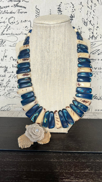 Blue and ivory statement necklace Tagua jewelry Adjustable cord Fall fashion Fall fashion 2025s from husband Wearable art Boho necklace