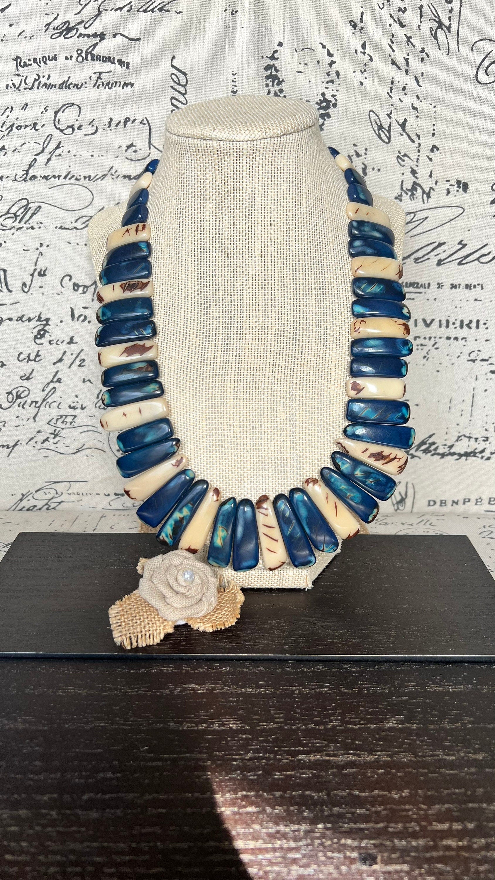 Blue and ivory statement necklace Tagua jewelry Adjustable cord Fall fashion Fall fashion 2025s from husband Wearable art Boho necklace