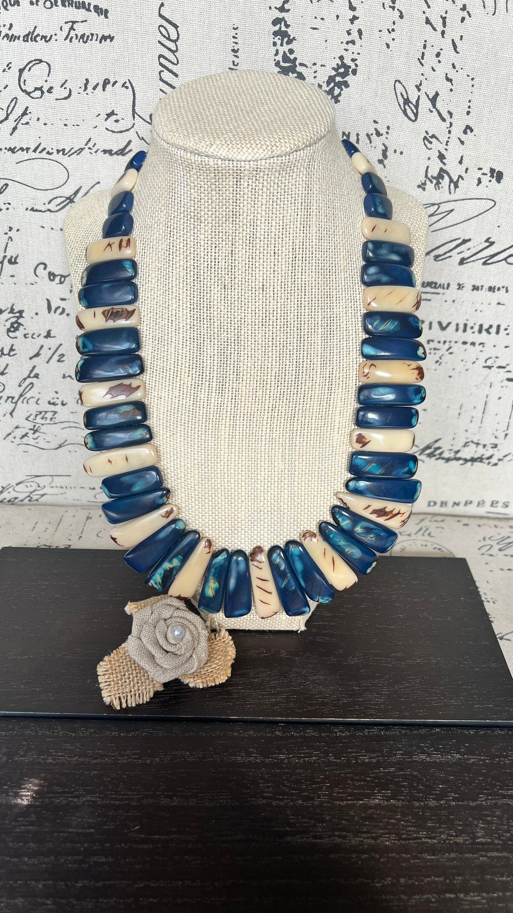 Blue and ivory statement necklace Tagua jewelry Adjustable cord Fall fashion Fall fashion 2025s from husband Wearable art Boho necklace