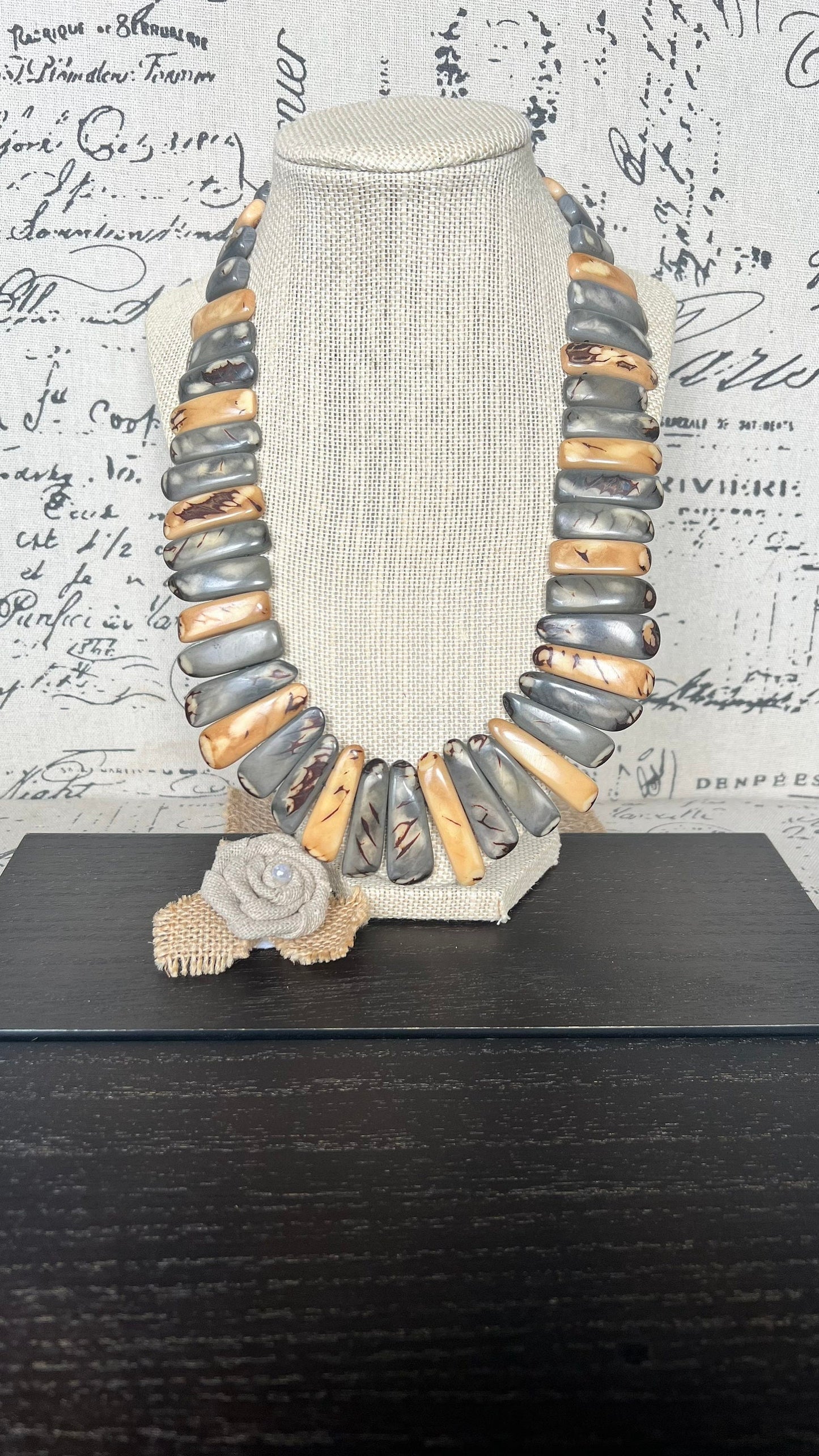 Gray and Peach Tagua Nut Necklace, Boho Statement Jewelry, Fall Fashion, Lightweight beaded necklace