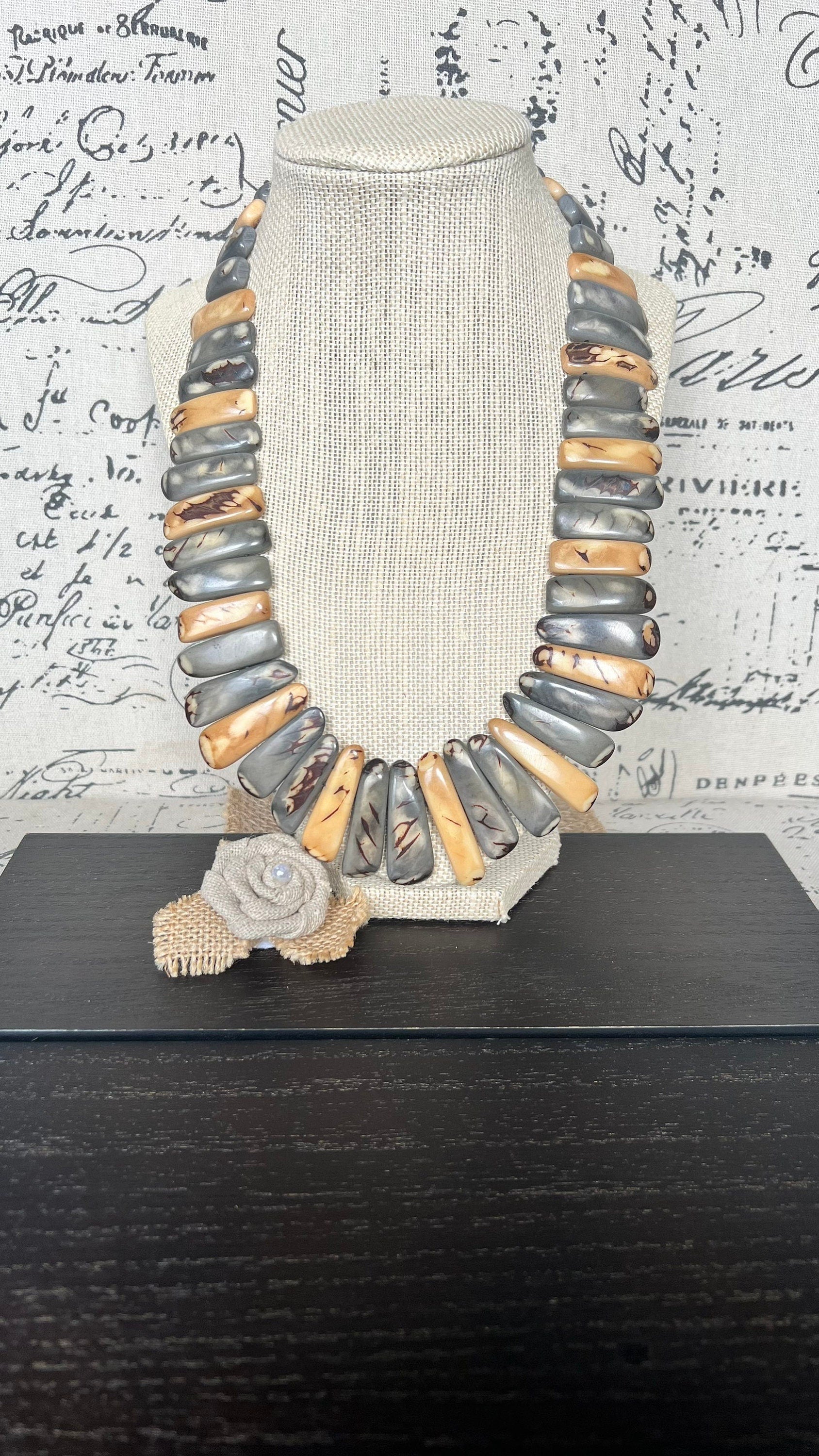 Gray and Peach Tagua Nut Necklace, Boho Statement Jewelry, Fall Fashion, Lightweight beaded necklace