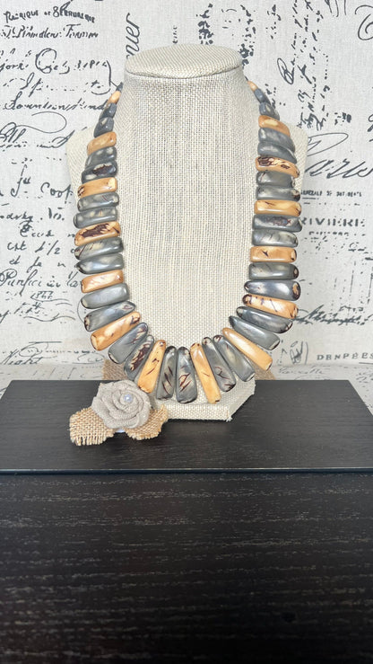 Gray and Peach Tagua Nut Necklace, Boho Statement Jewelry, Fall Fashion, Lightweight beaded necklace