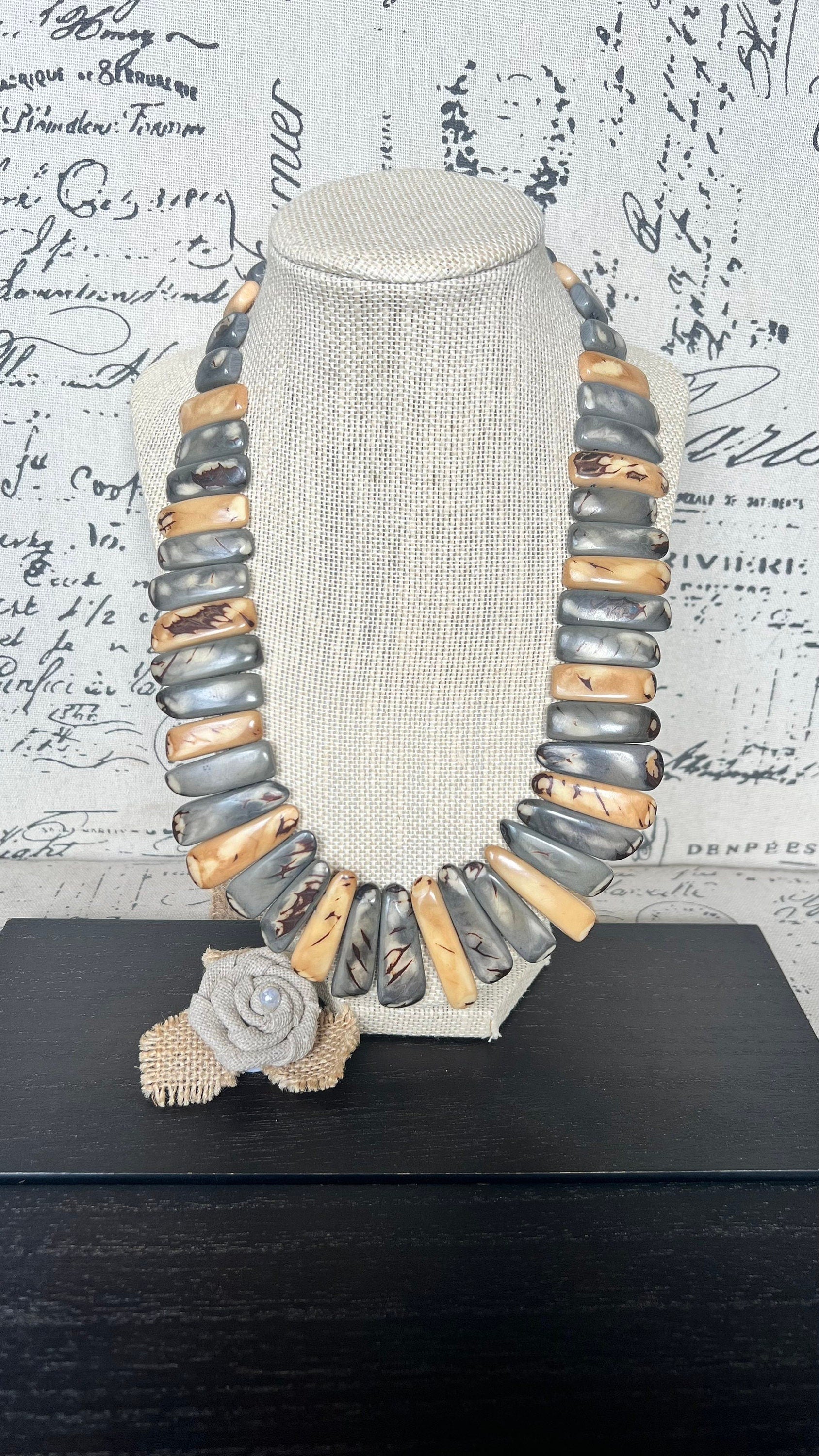 Gray and Peach Tagua Nut Necklace, Boho Statement Jewelry, Fall Fashion, Lightweight beaded necklace