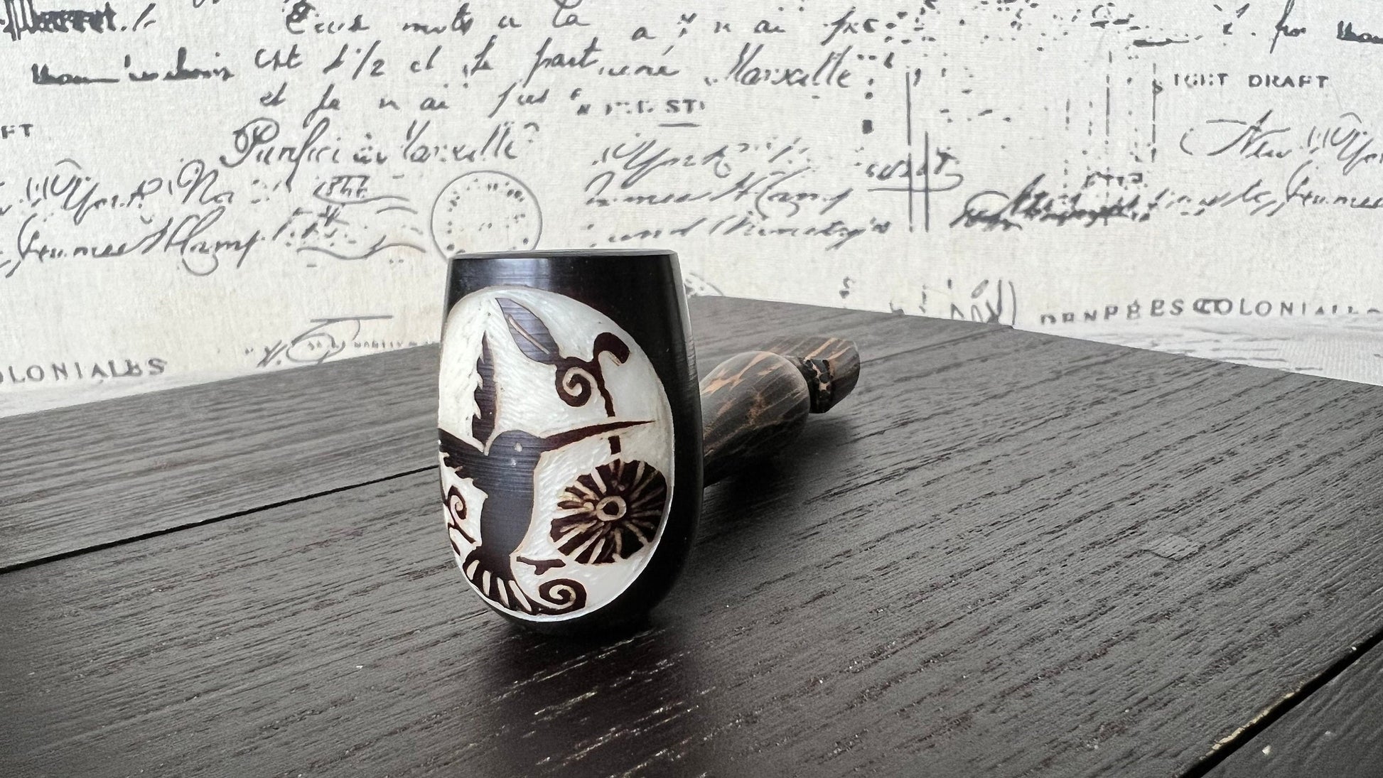 Hummingbird and flower smoking pipe Handcrafted smoking bowl Handmade tagua nut and wood One of a kind tribal hand pipe Ceremonial ritual