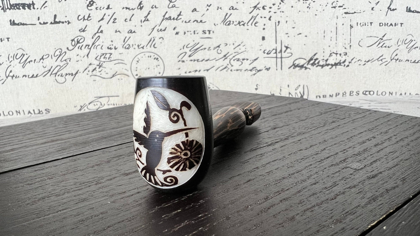 Hummingbird and flower smoking pipe Handcrafted smoking bowl Handmade tagua nut and wood One of a kind tribal hand pipe Ceremonial ritual