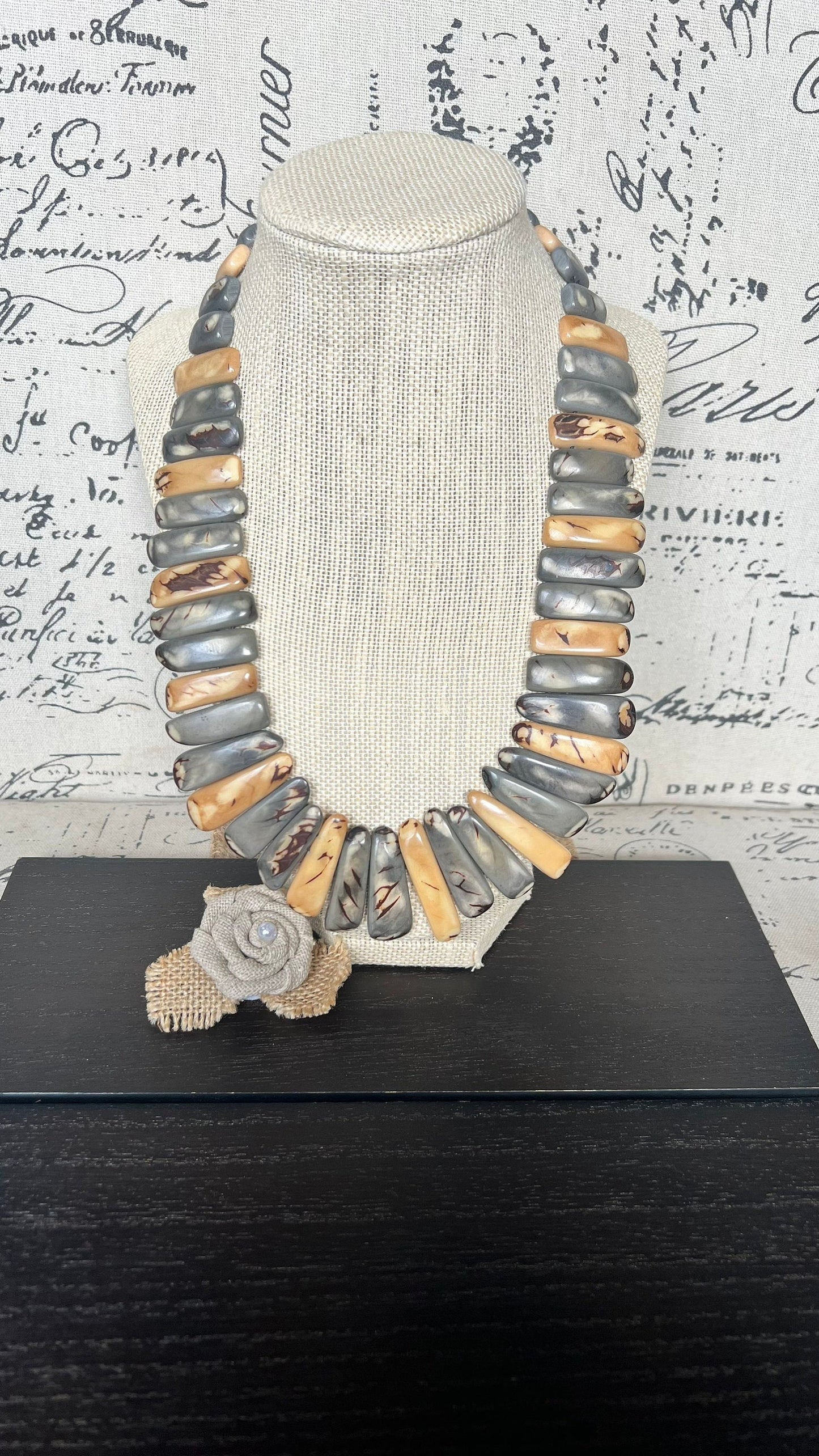 Gray and Peach Tagua Nut Necklace, Boho Statement Jewelry, Fall Fashion, Lightweight beaded necklace