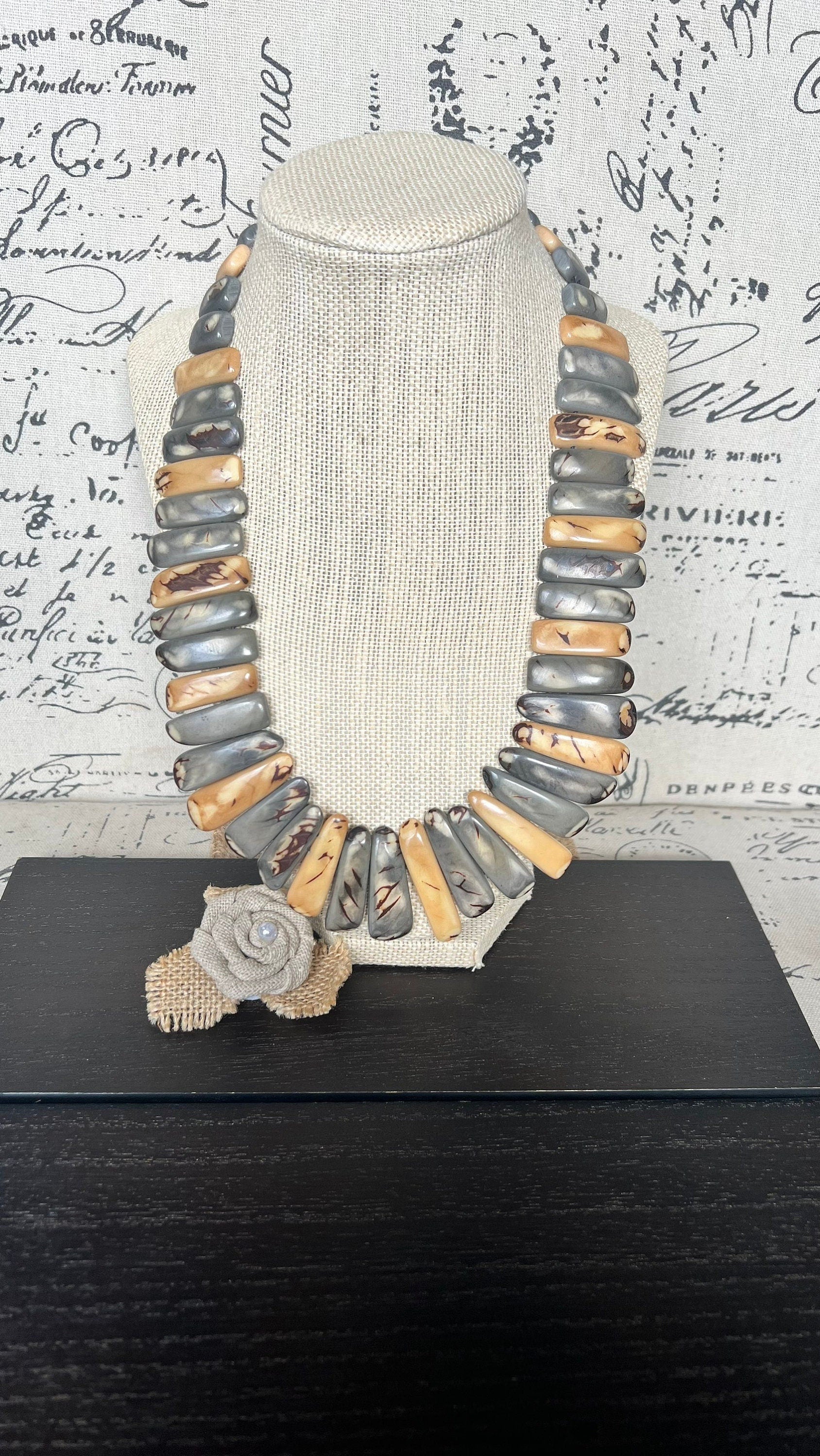 Gray and Peach Tagua Nut Necklace, Boho Statement Jewelry, Fall Fashion, Lightweight beaded necklace