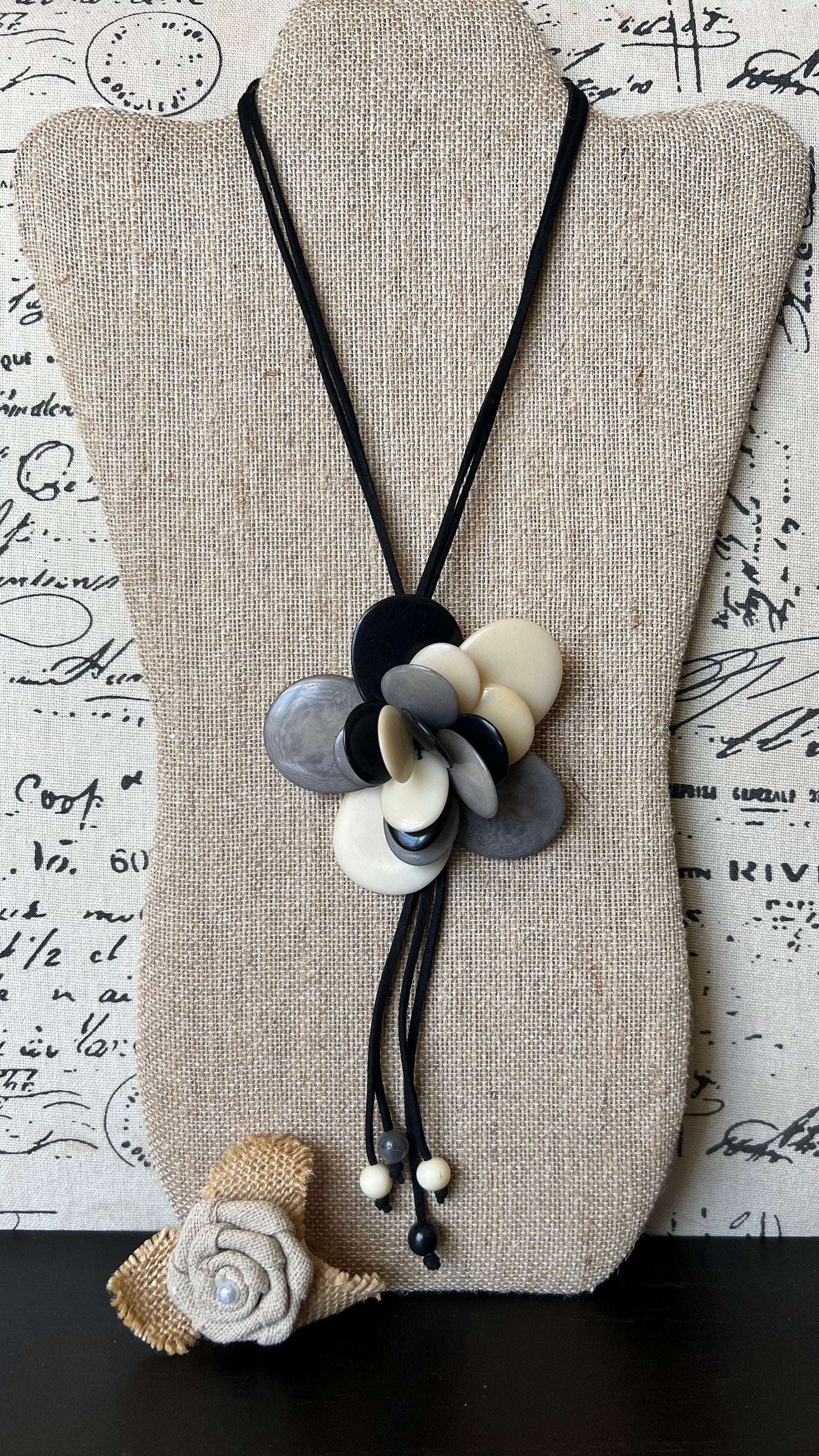 Flower pendant necklace Tagua jewelry Black white and gray flower pendant Floral statement necklace Adjustable cord Wearable art Lightweight