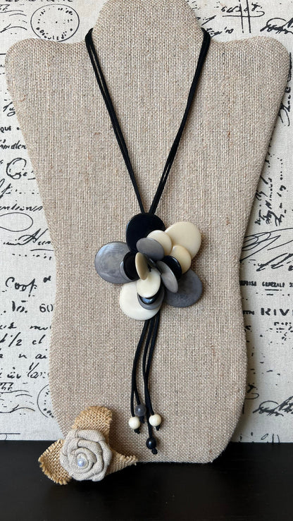 Flower pendant necklace Tagua jewelry Black white and gray flower pendant Floral statement necklace Adjustable cord Wearable art Lightweight