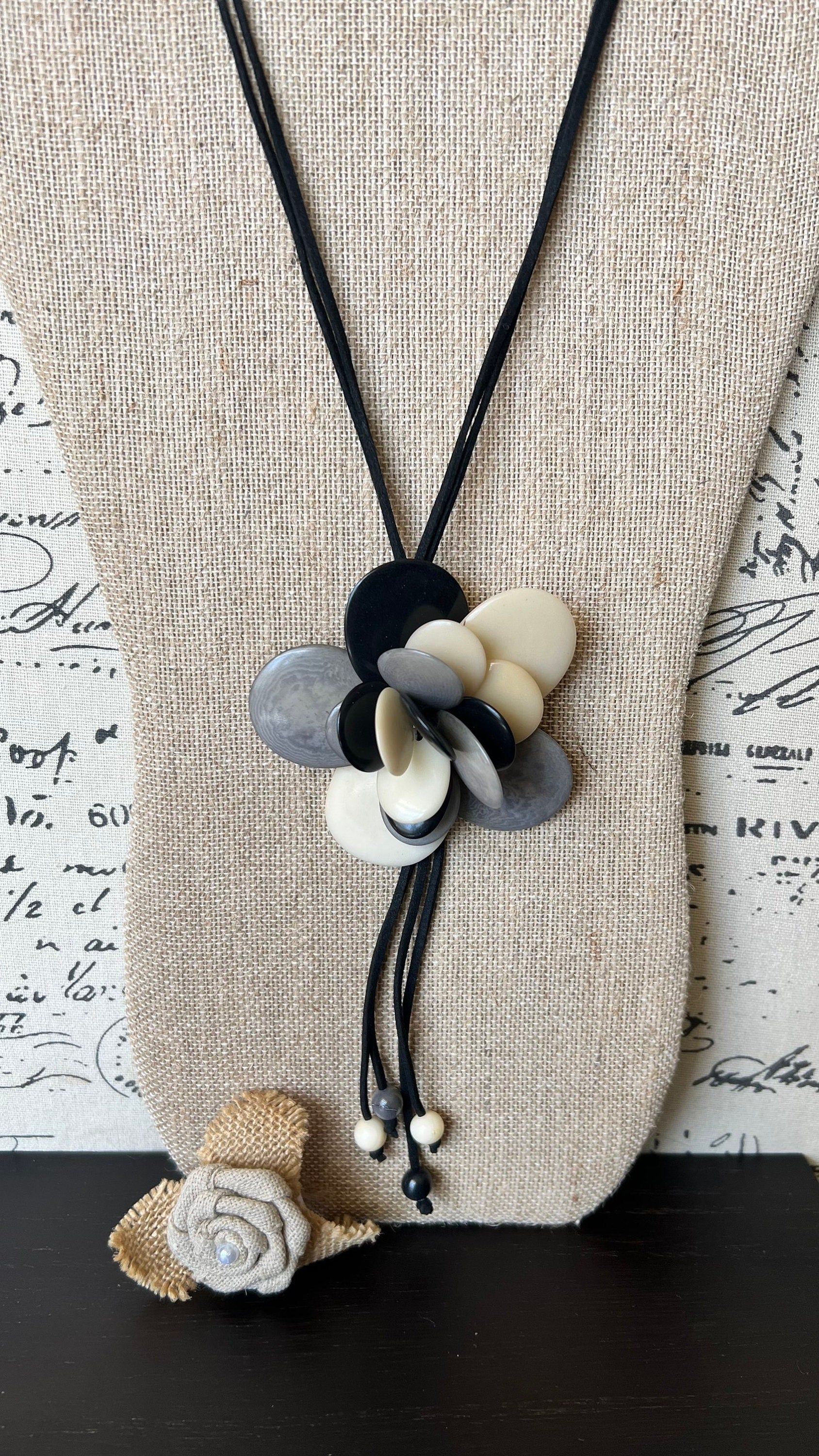 Flower pendant necklace Tagua jewelry Black white and gray flower pendant Floral statement necklace Adjustable cord Wearable art Lightweight