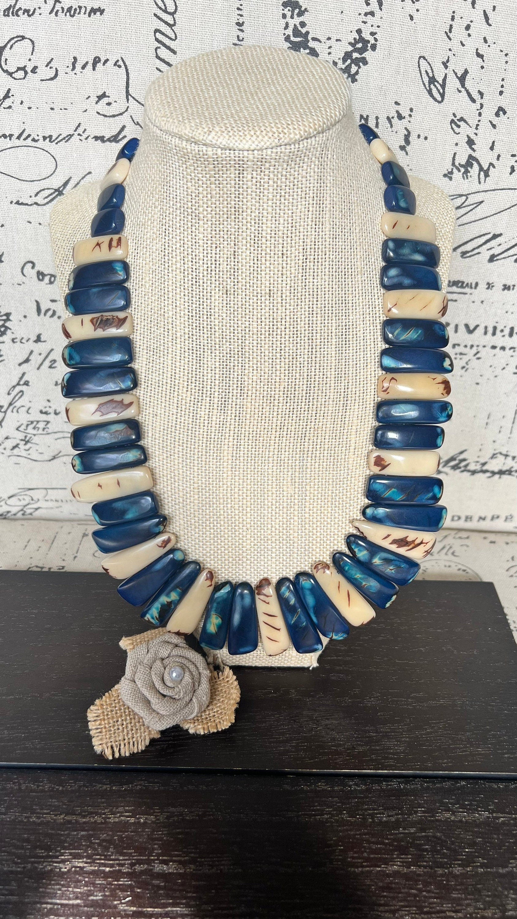Blue and ivory statement necklace Tagua jewelry Adjustable cord Fall fashion Fall fashion 2025s from husband Wearable art Boho necklace
