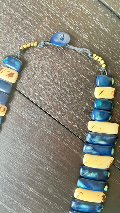 Blue and ivory statement necklace Tagua jewelry Adjustable cord Fall fashion Fall fashion 2025s from husband Wearable art Boho necklace