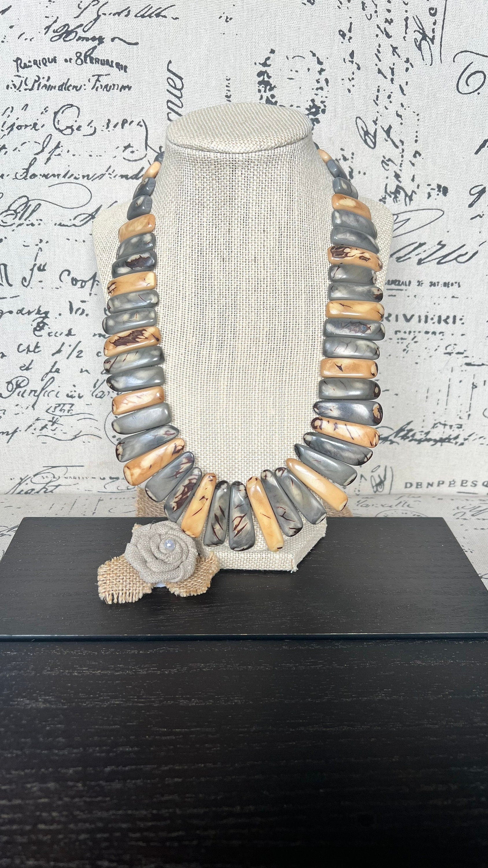 Gray and Peach Tagua Nut Necklace, Boho Statement Jewelry, Fall Fashion, Lightweight beaded necklace
