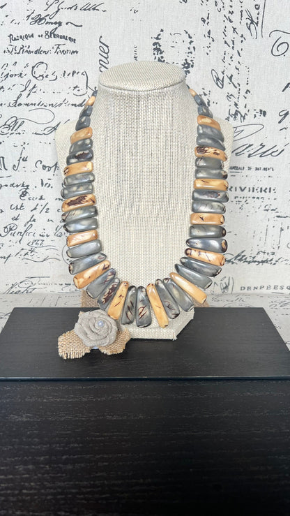 Gray and Peach Tagua Nut Necklace, Boho Statement Jewelry, Fall Fashion, Lightweight beaded necklace
