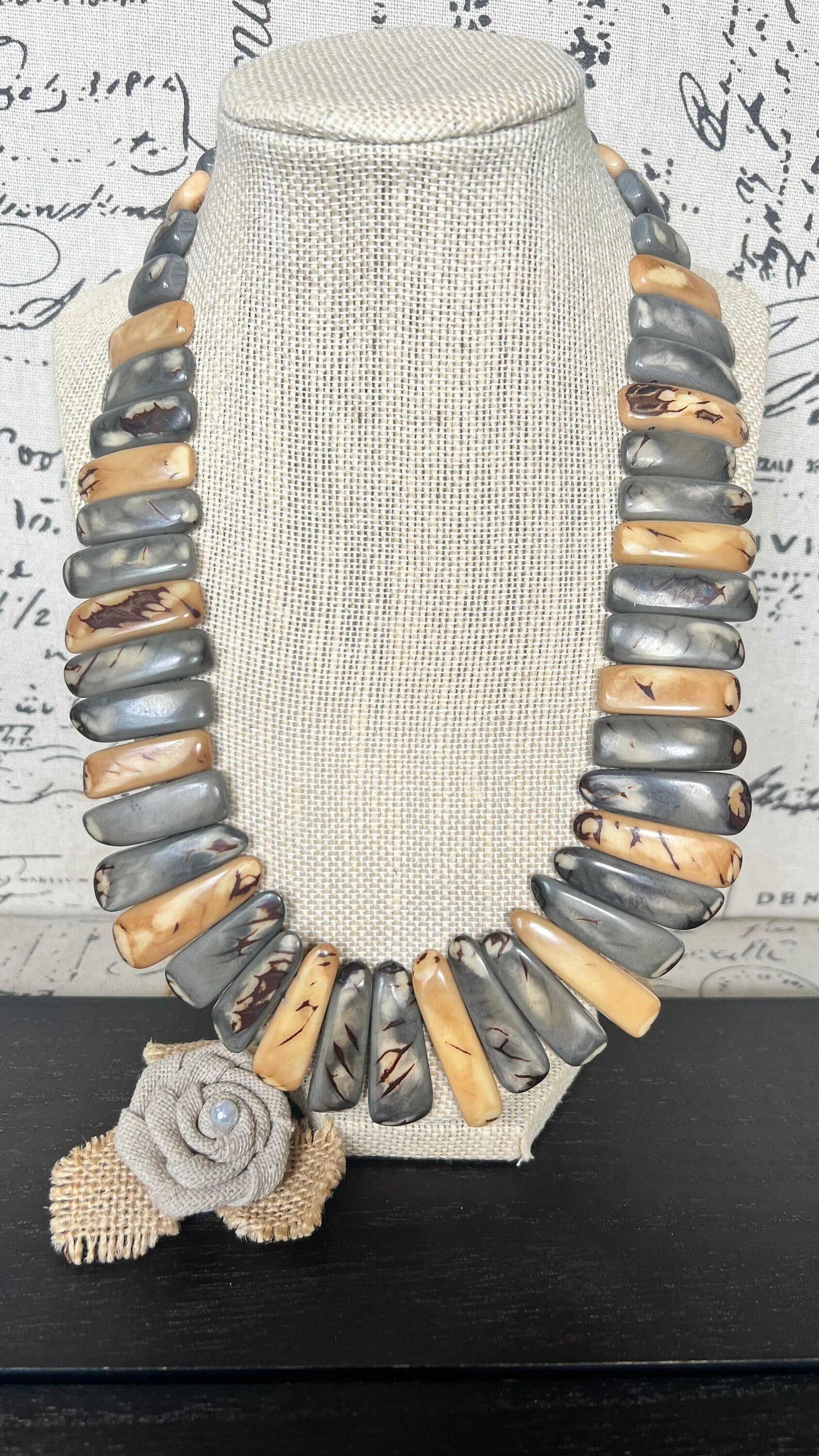 Gray and Peach Tagua Nut Necklace, Boho Statement Jewelry, Fall Fashion, Lightweight beaded necklace