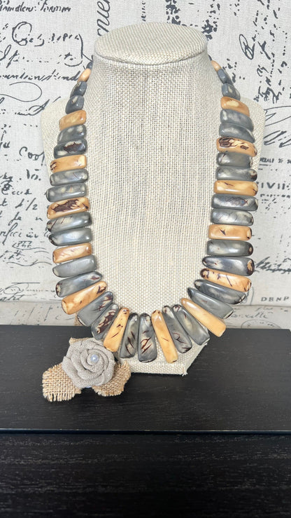 Gray and Peach Tagua Nut Necklace, Boho Statement Jewelry, Fall Fashion, Lightweight beaded necklace