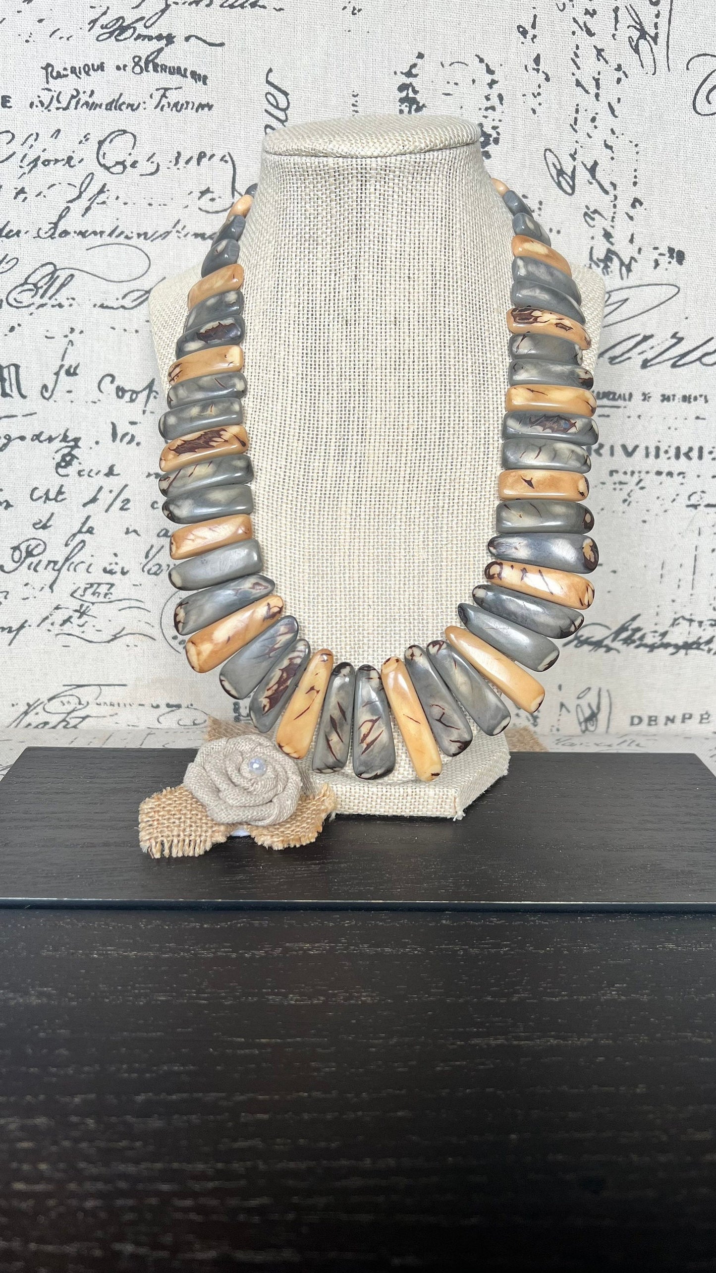 Gray and Peach Tagua Nut Necklace, Boho Statement Jewelry, Fall Fashion, Lightweight beaded necklace