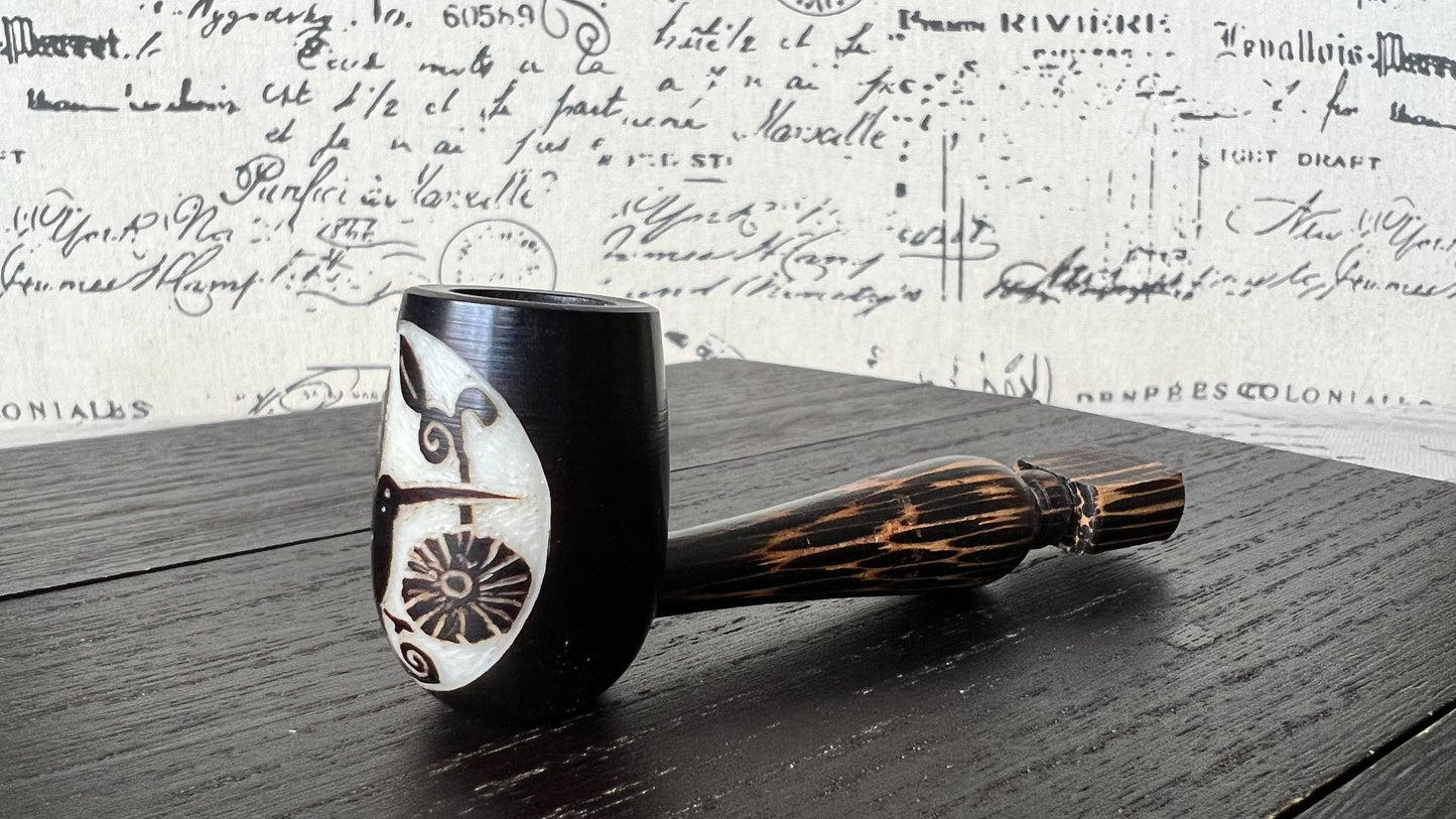 Hummingbird and flower smoking pipe Handcrafted smoking bowl Handmade tagua nut and wood One of a kind tribal hand pipe Ceremonial ritual