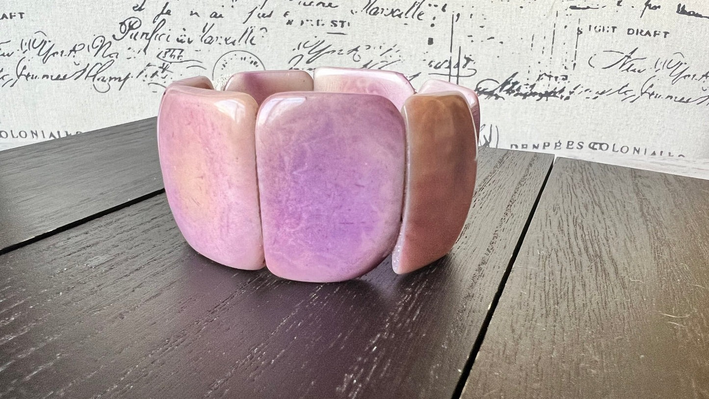 Light purple Statement bracelet Tagua nut jewelry Huge square bead Oversized wide cuff bangle Fall fashion 2025s Elastic bangle Art to wear