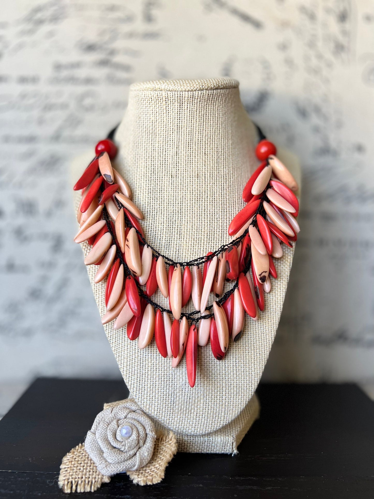 Coral red and peach fashion necklace Tagua necklace Big bold dramatic necklace Multi color necklace Wearable art Statement jewelry