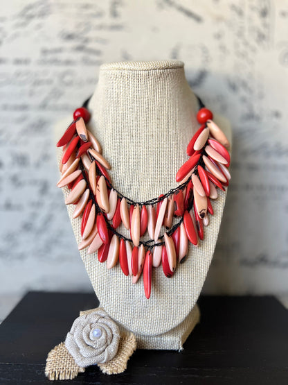 Coral red and peach fashion necklace Tagua necklace Big bold dramatic necklace Multi color necklace Wearable art Statement jewelry