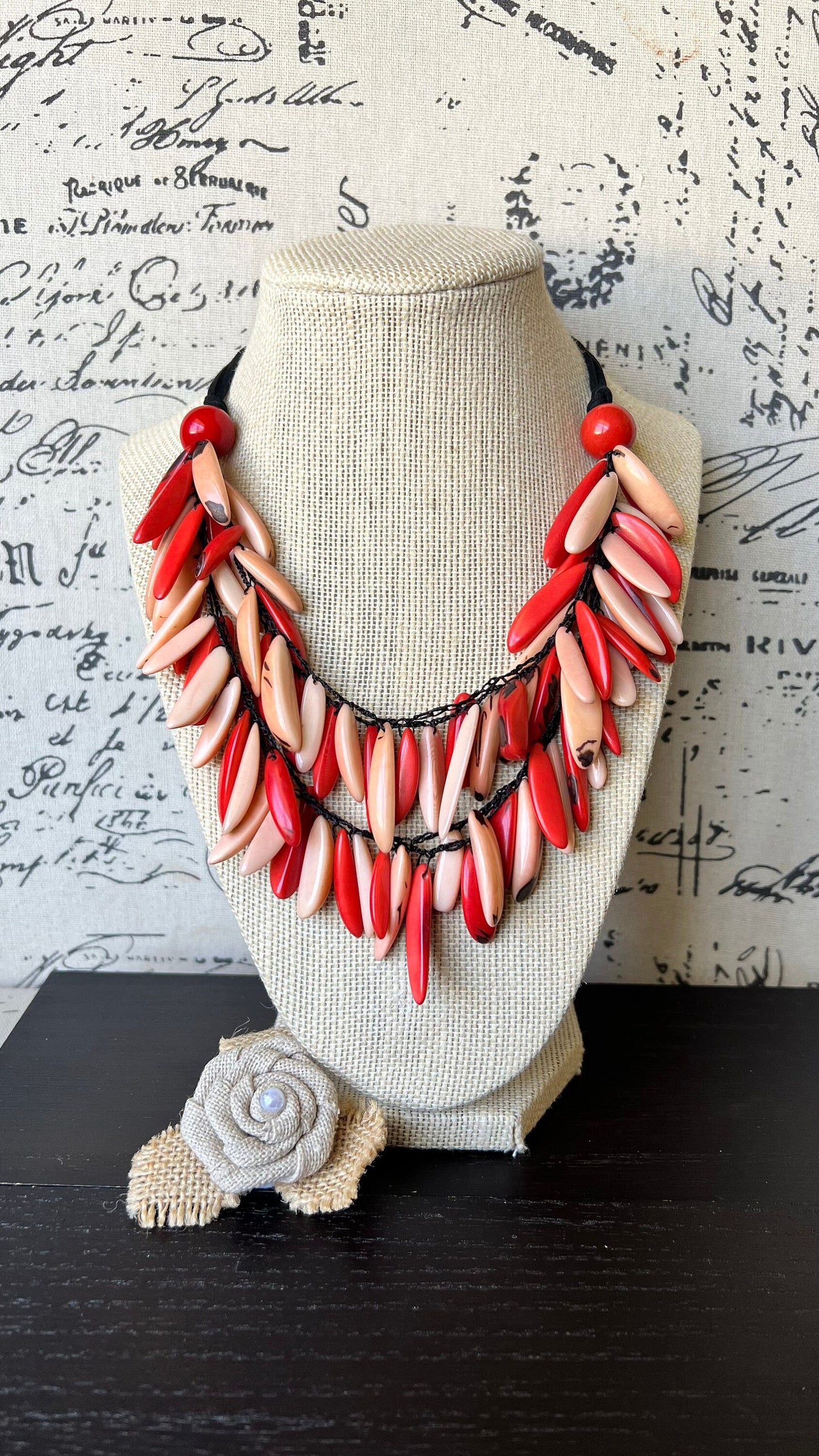 Coral red and peach fashion necklace Tagua necklace Big bold dramatic necklace Multi color necklace Wearable art Statement jewelry