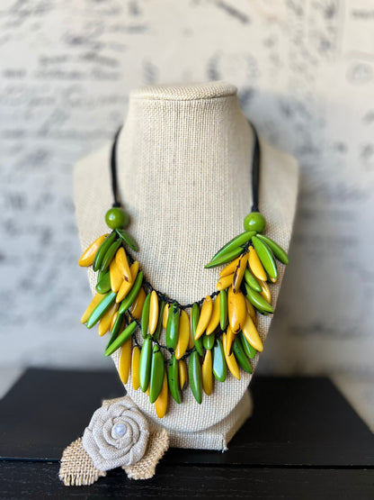 Green and yellow necklace Tagua necklace Big bold chunky necklace Adjustable cord Wearable art Handmade beaded necklace Fall fashion 2025s