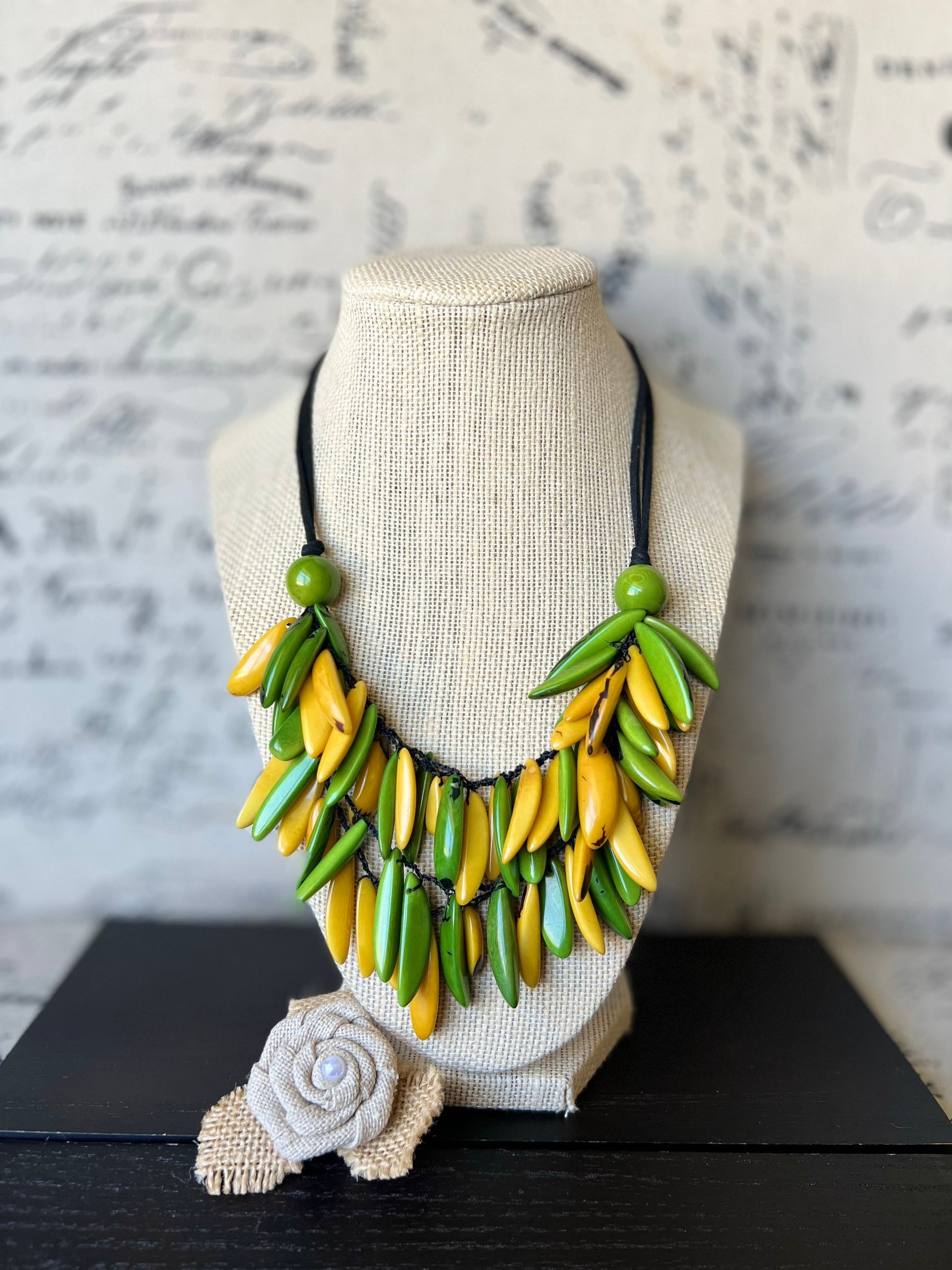 Green and yellow necklace Tagua necklace Big bold chunky necklace Adjustable cord Wearable art Handmade beaded necklace Fall fashion 2025s