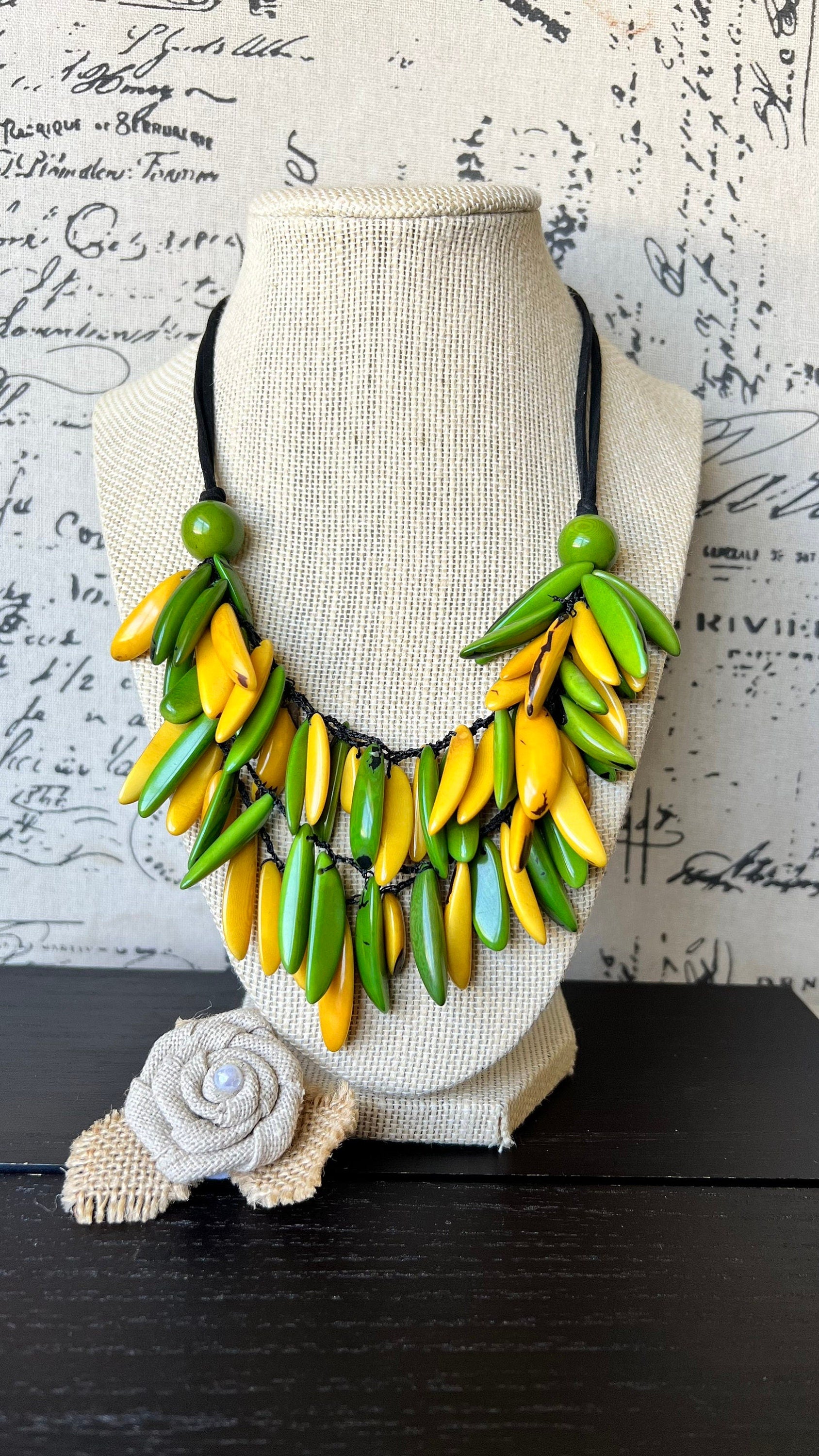 Green and yellow necklace Tagua necklace Big bold chunky necklace Adjustable cord Wearable art Handmade beaded necklace Fall fashion 2025s