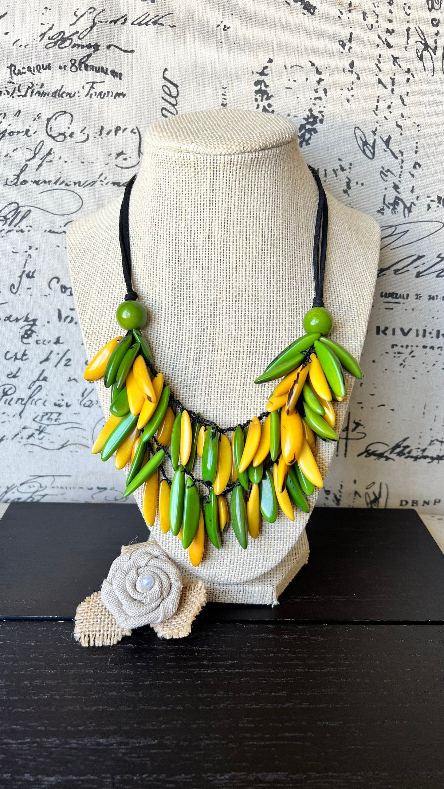 Green and yellow necklace Tagua necklace Big bold chunky necklace Adjustable cord Wearable art Handmade beaded necklace Fall fashion 2025s