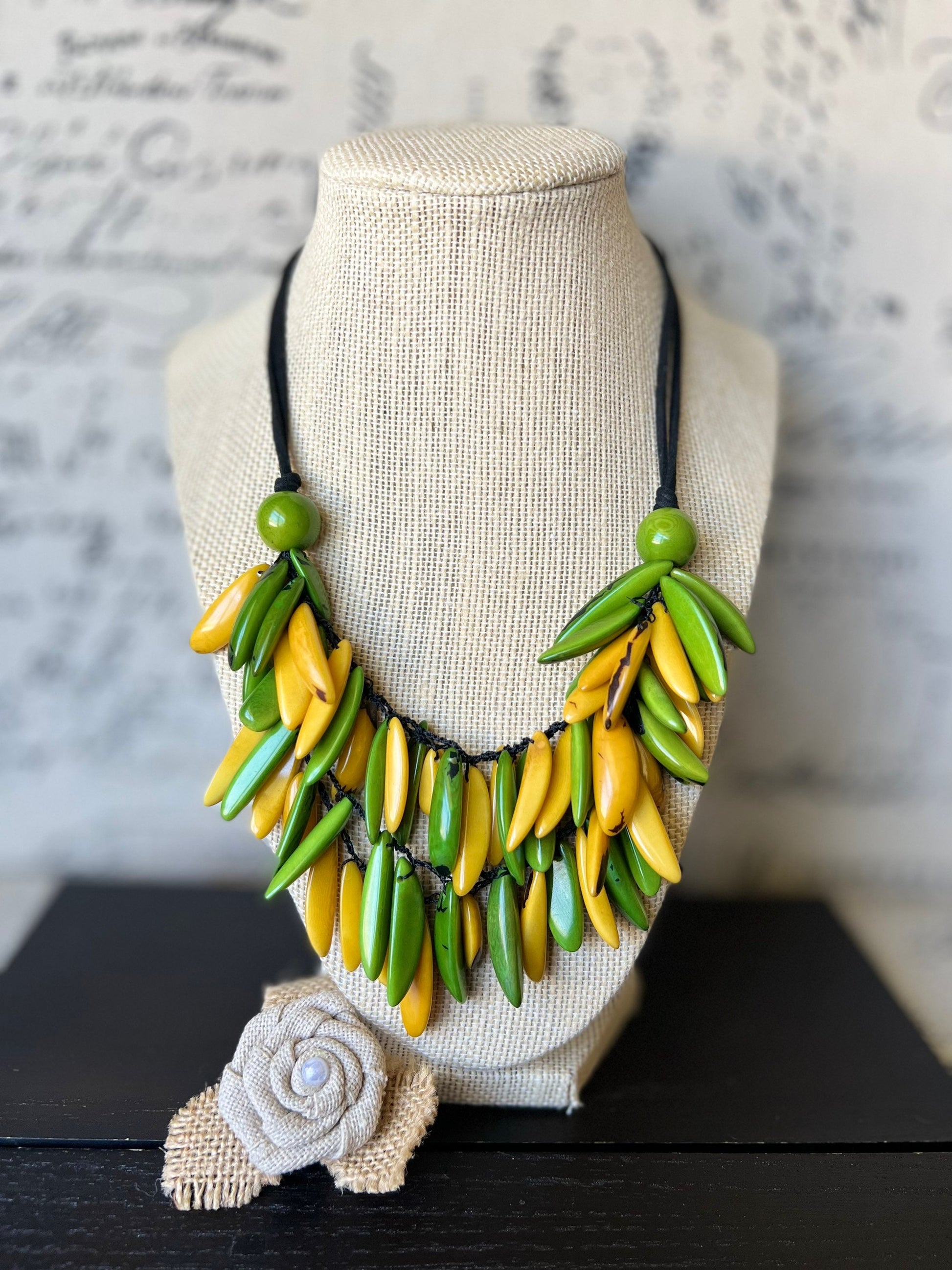 Green and yellow necklace Tagua necklace Big bold chunky necklace Adjustable cord Wearable art Handmade beaded necklace Fall fashion 2025s