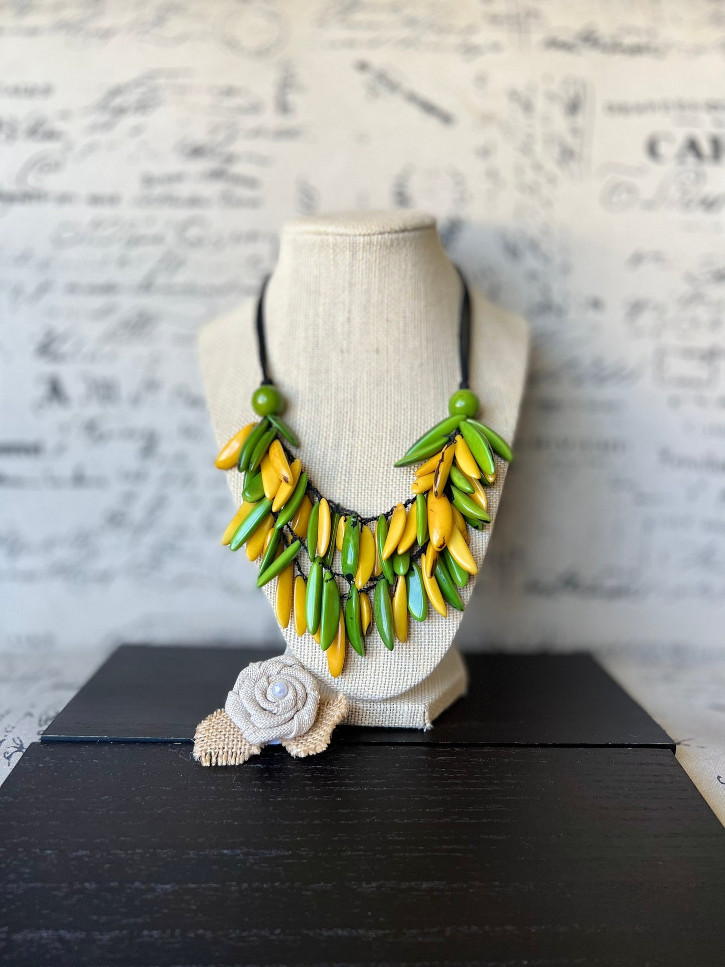 Green and yellow necklace Tagua necklace Big bold chunky necklace Adjustable cord Wearable art Handmade beaded necklace Fall fashion 2025s