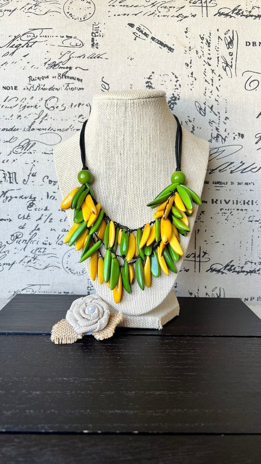 Green and yellow necklace Tagua necklace Big bold chunky necklace Adjustable cord Wearable art Handmade beaded necklace Fall fashion 2025s
