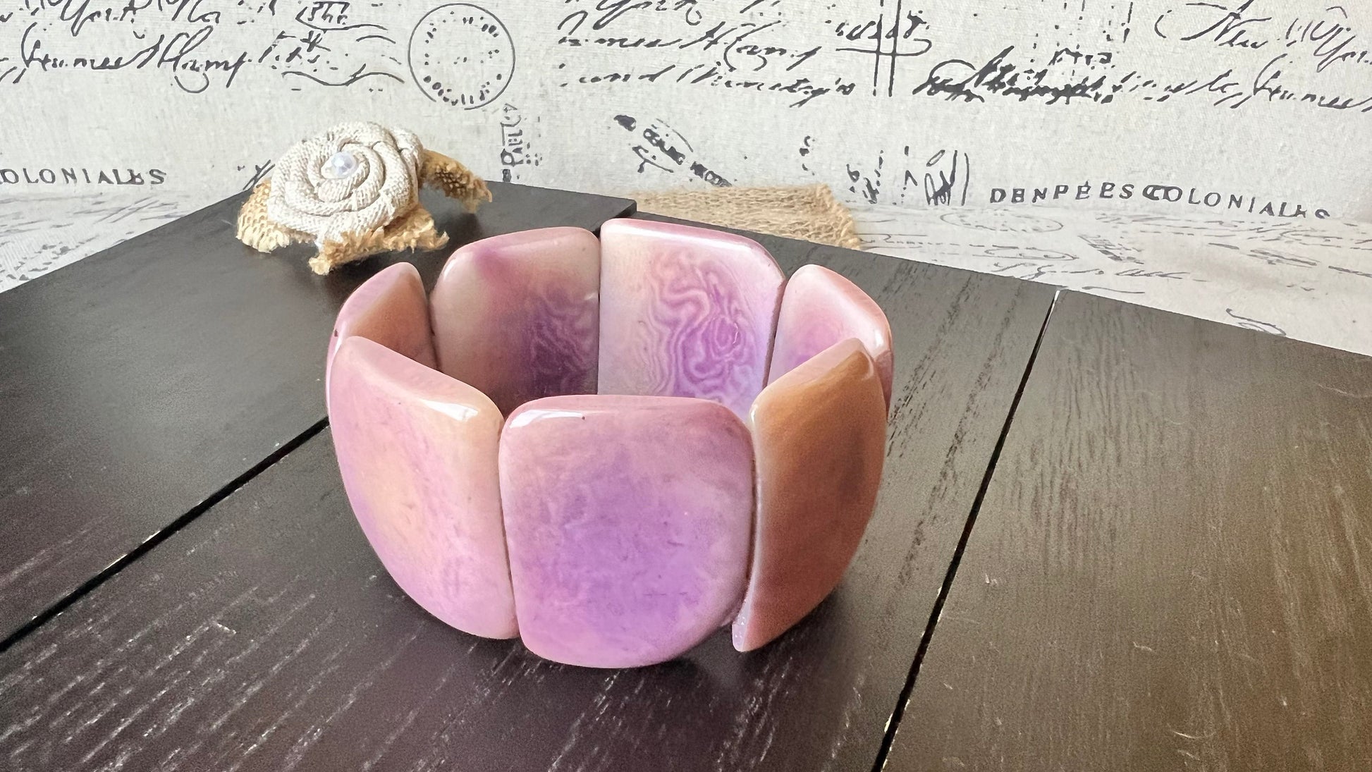 Light purple Statement bracelet Tagua nut jewelry Huge square bead Oversized wide cuff bangle Fall fashion 2025s Elastic bangle Art to wear