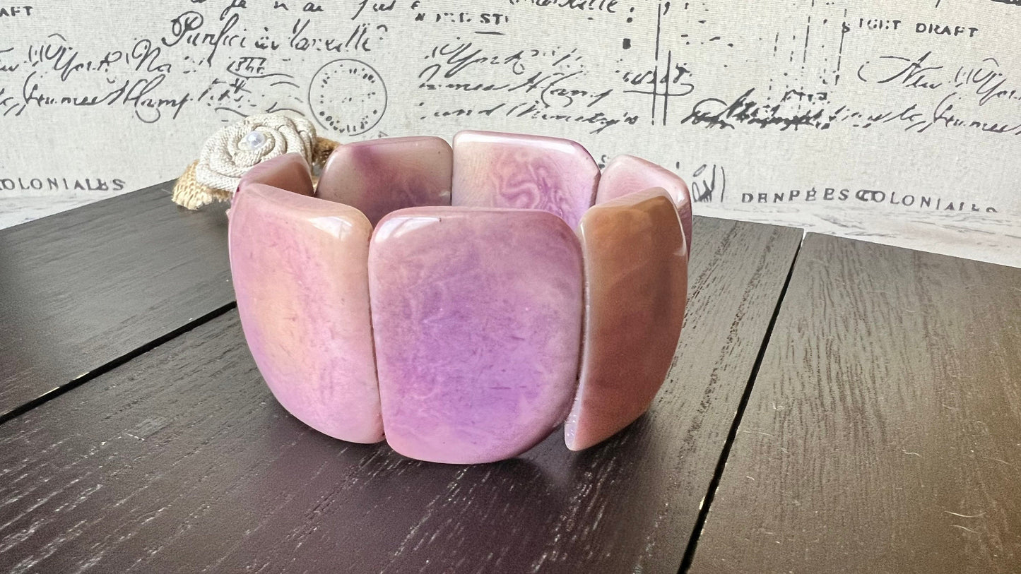 Light purple Statement bracelet Tagua nut jewelry Huge square bead Oversized wide cuff bangle Fall fashion 2025s Elastic bangle Art to wear