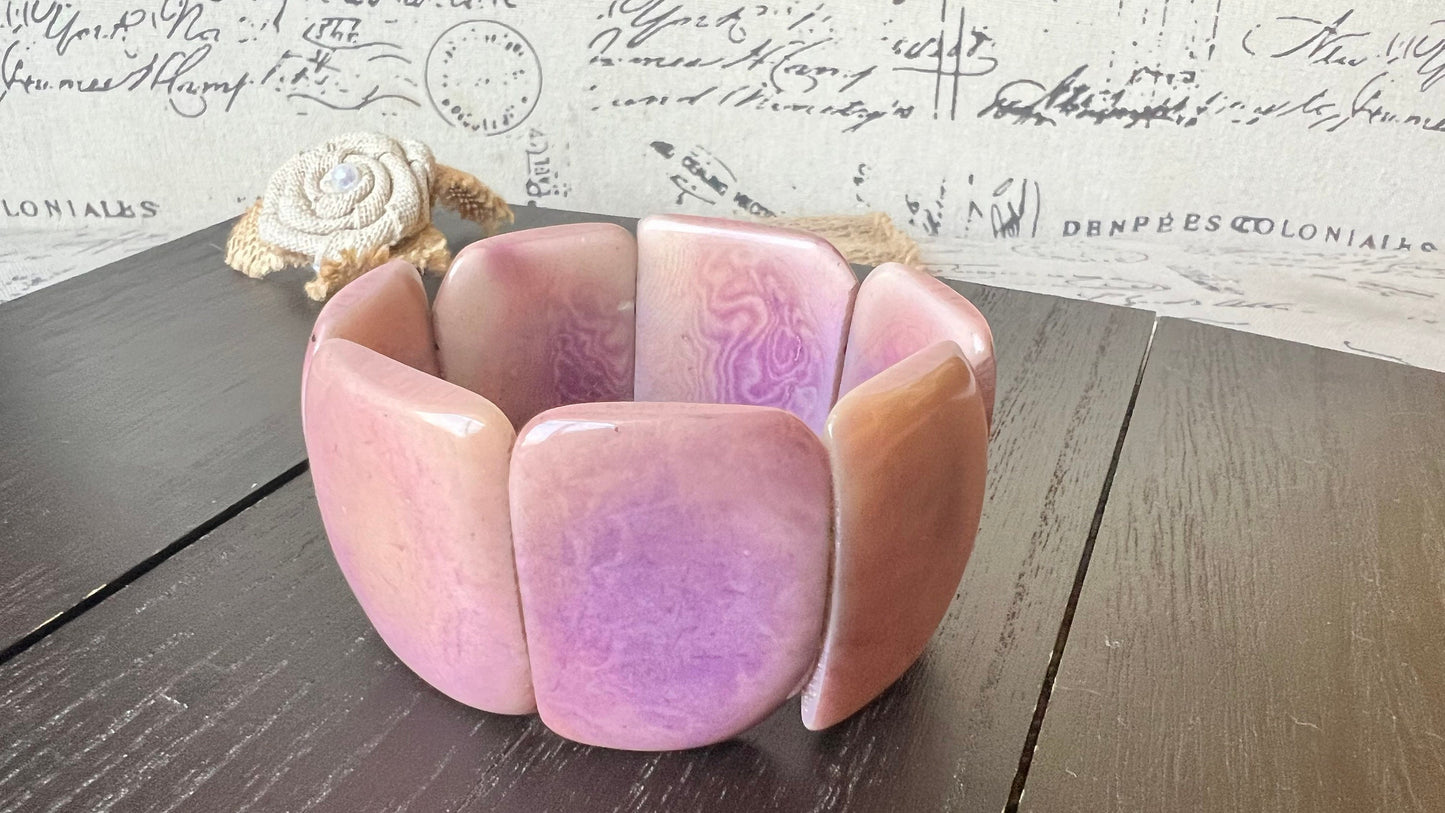 Light purple Statement bracelet Tagua nut jewelry Huge square bead Oversized wide cuff bangle Fall fashion 2025s Elastic bangle Art to wear