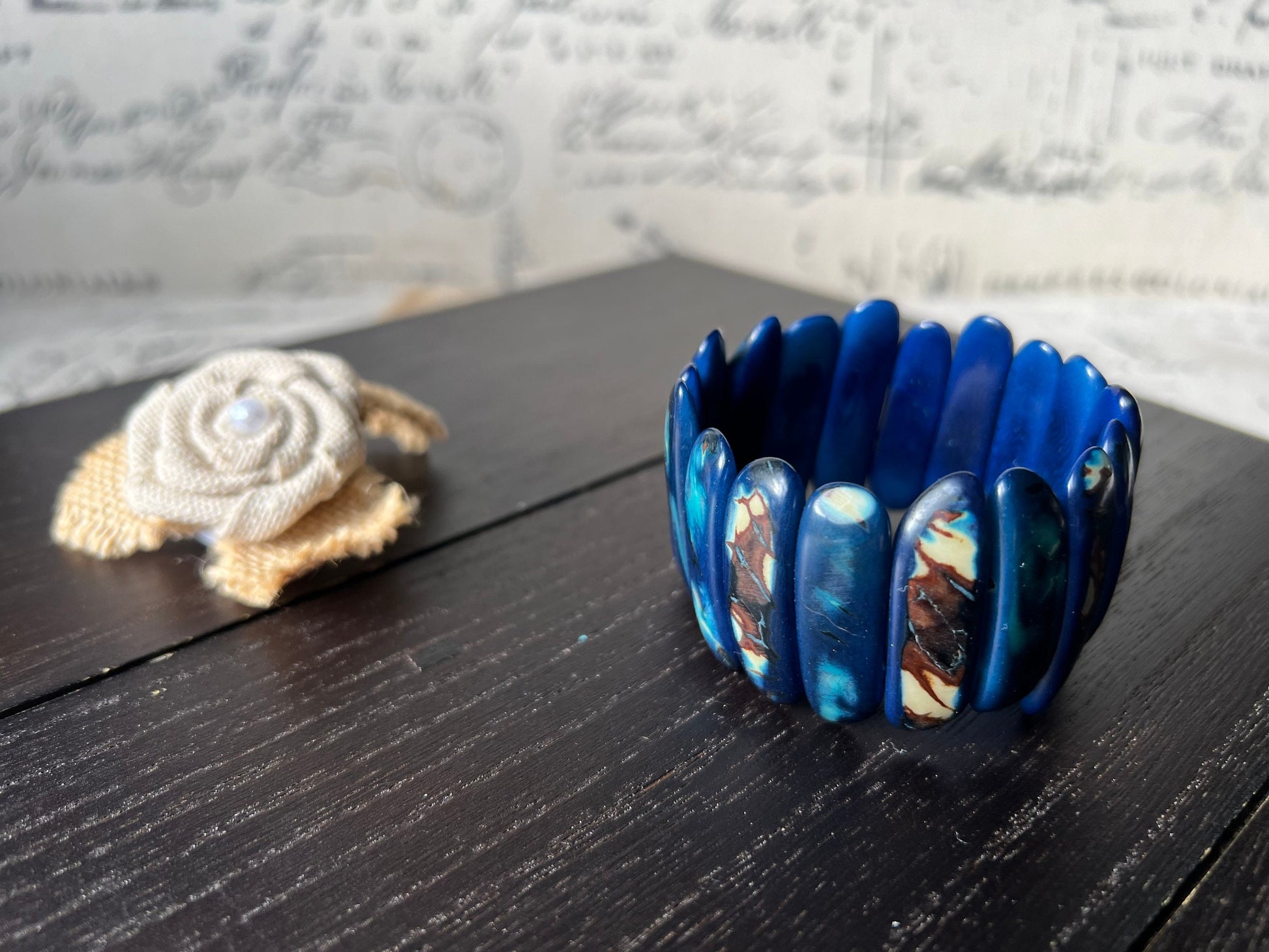 Blue statement beaded bracelet Spiked beads bangle Tagua jewelry Stretchy bracelet Fall fashion Trendy handmade jewelry Wearable art
