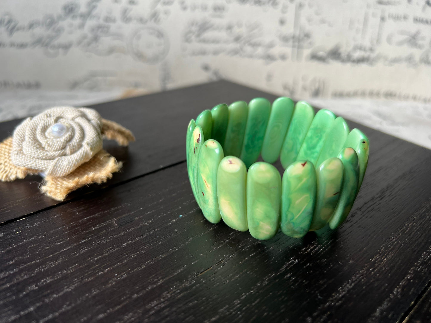 Green stretch bracelet Tagua jewelry Elastic beaded bracelet Spiked beads bangle Handmade statement bracelet Artsy gifts Boho bracelets