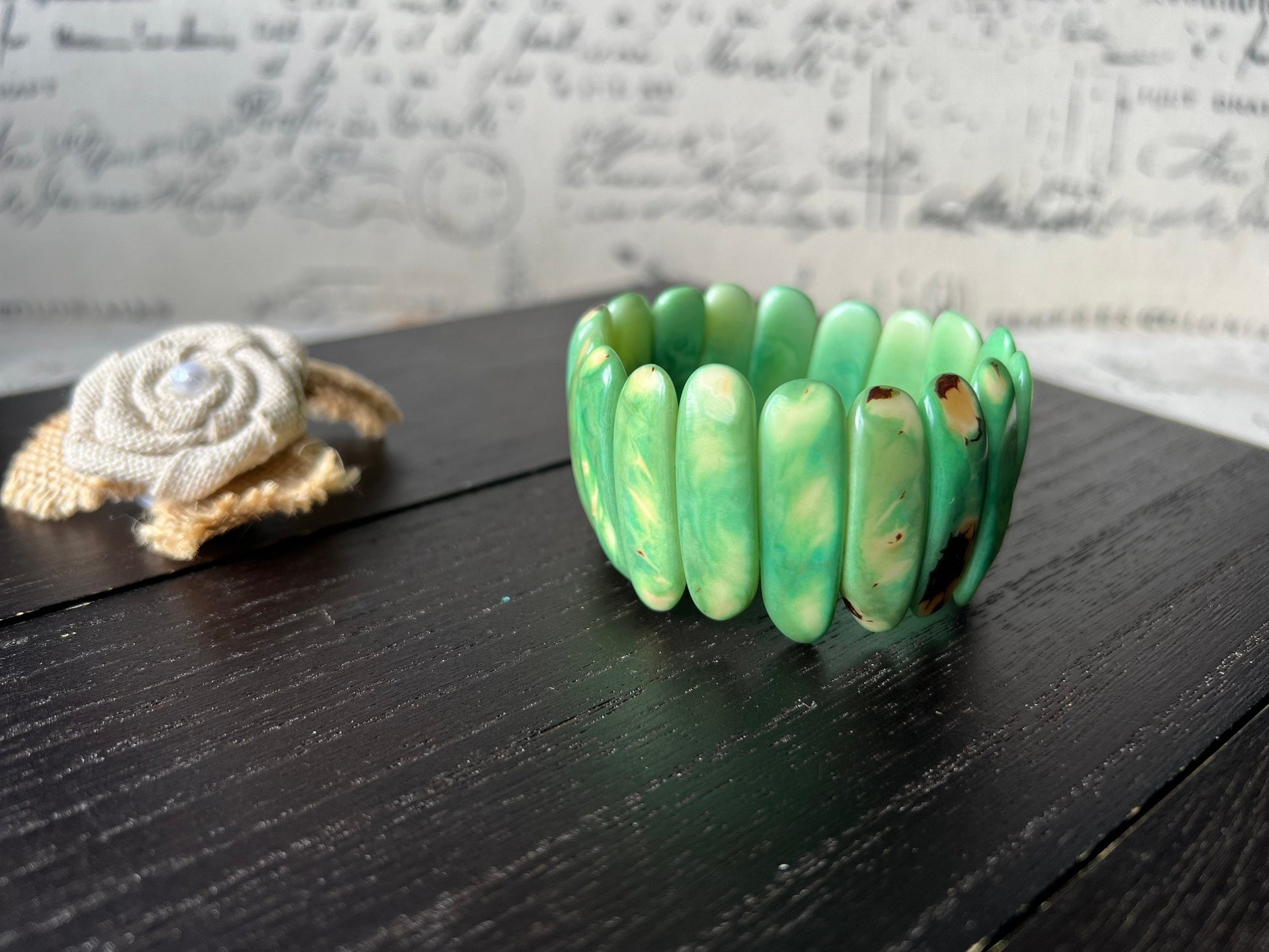 Green stretch bracelet Tagua jewelry Elastic beaded bracelet Spiked beads bangle Handmade statement bracelet Artsy gifts Boho bracelets