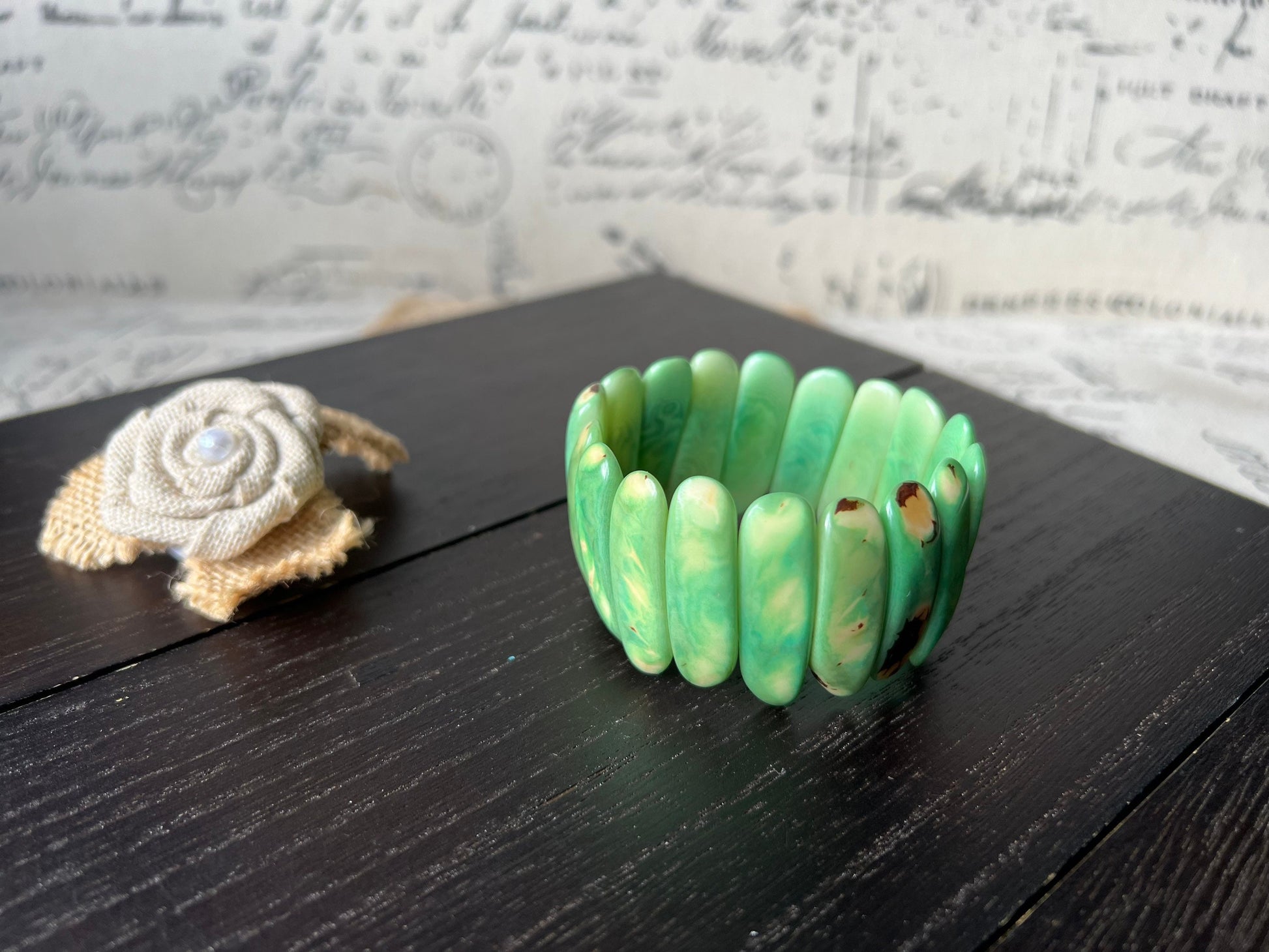 Green stretch bracelet Tagua jewelry Elastic beaded bracelet Spiked beads bangle Handmade statement bracelet Artsy gifts Boho bracelets