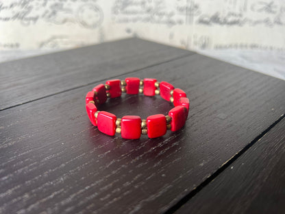 Red geometric bracelet Elastic stretch bangle Tagua jewelry Adjustable bracelet Fall fashion Wearable art Beach style Geometric bracelet