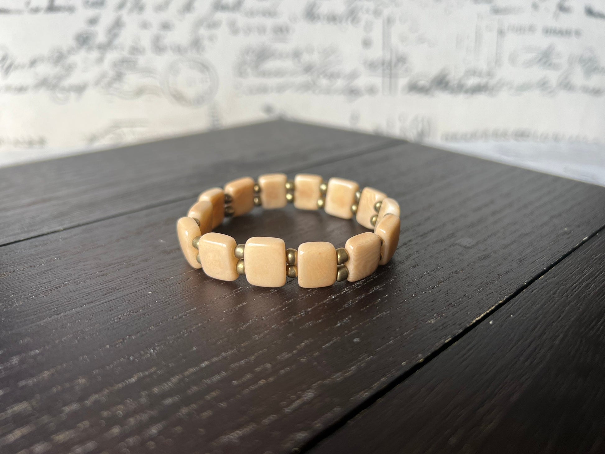 Beige square bracelet Elastic stretch bracelet Statement handmade bangle Tagua jewelry Fall fashion Art to wear Beach wear
