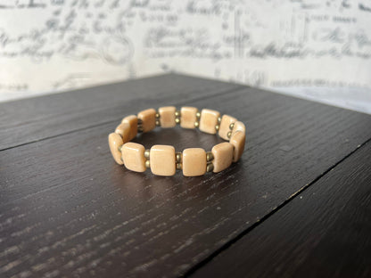 Beige square bracelet Elastic stretch bracelet Statement handmade bangle Tagua jewelry Fall fashion Art to wear Beach wear