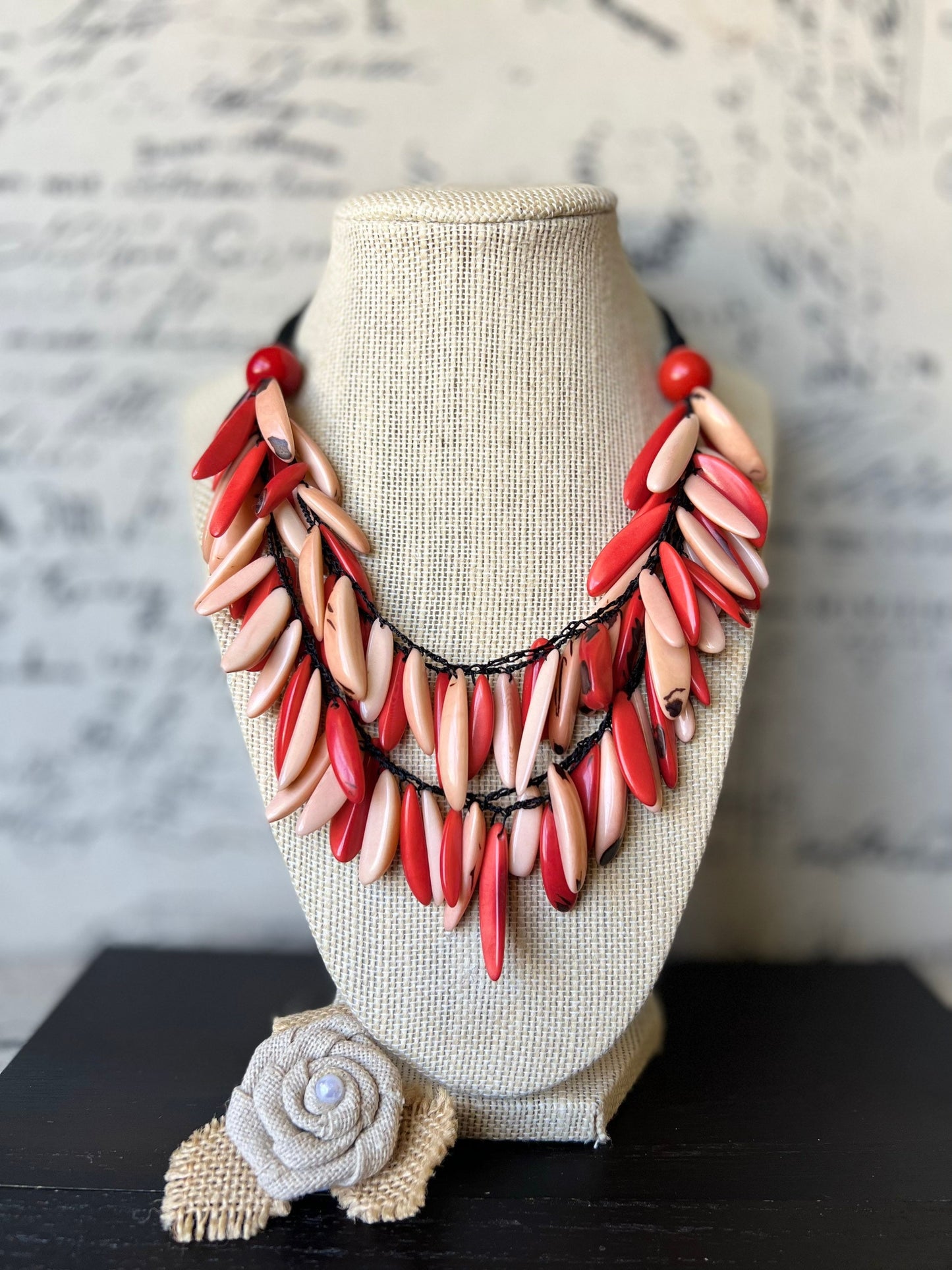 Coral red and peach fashion necklace Tagua necklace Big bold dramatic necklace Multi color necklace Wearable art Statement jewelry