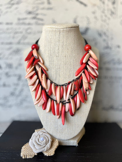 Coral red and peach fashion necklace Tagua necklace Big bold dramatic necklace Multi color necklace Wearable art Statement jewelry
