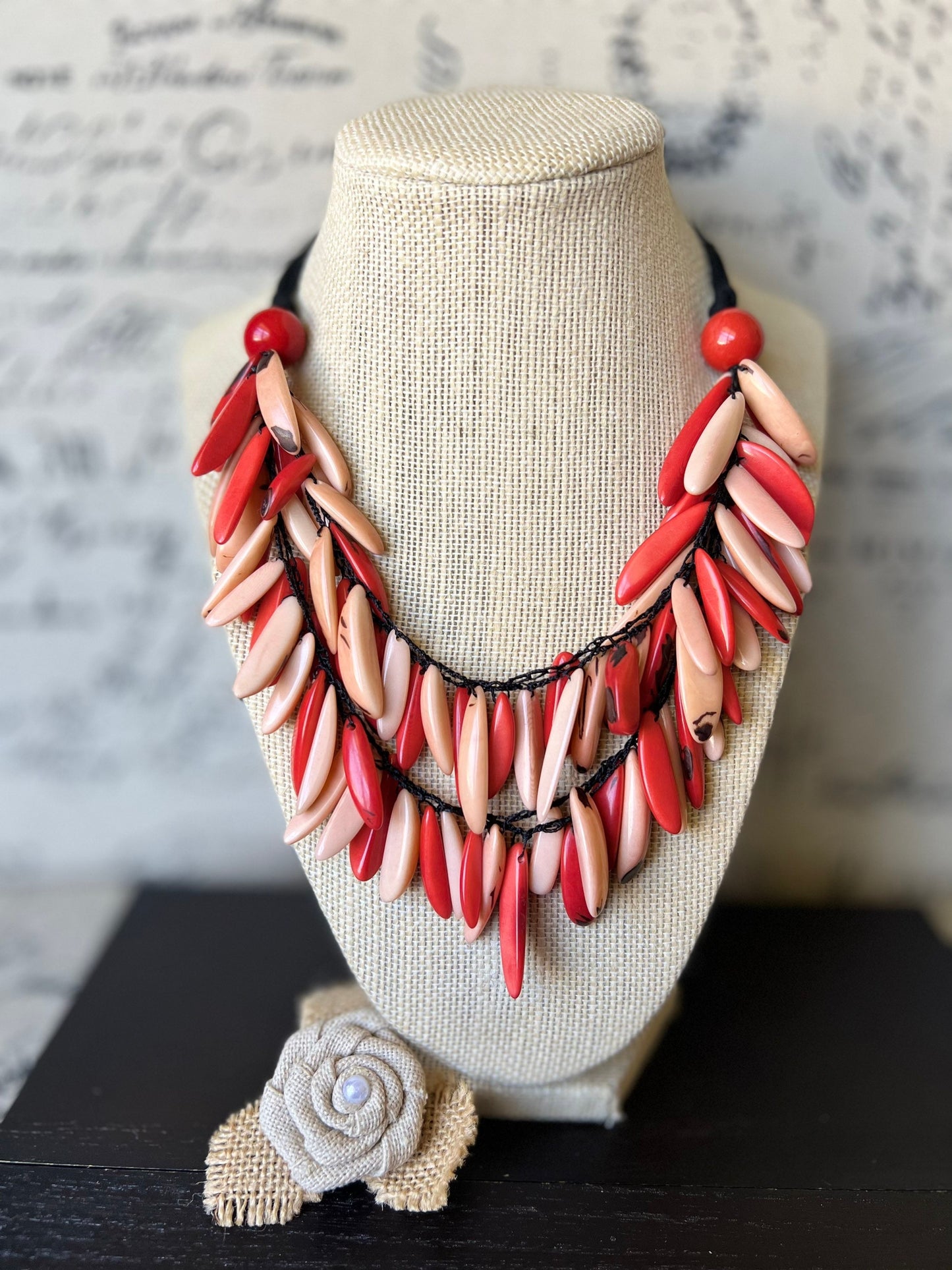 Coral red and peach fashion necklace Tagua necklace Big bold dramatic necklace Multi color necklace Wearable art Statement jewelry