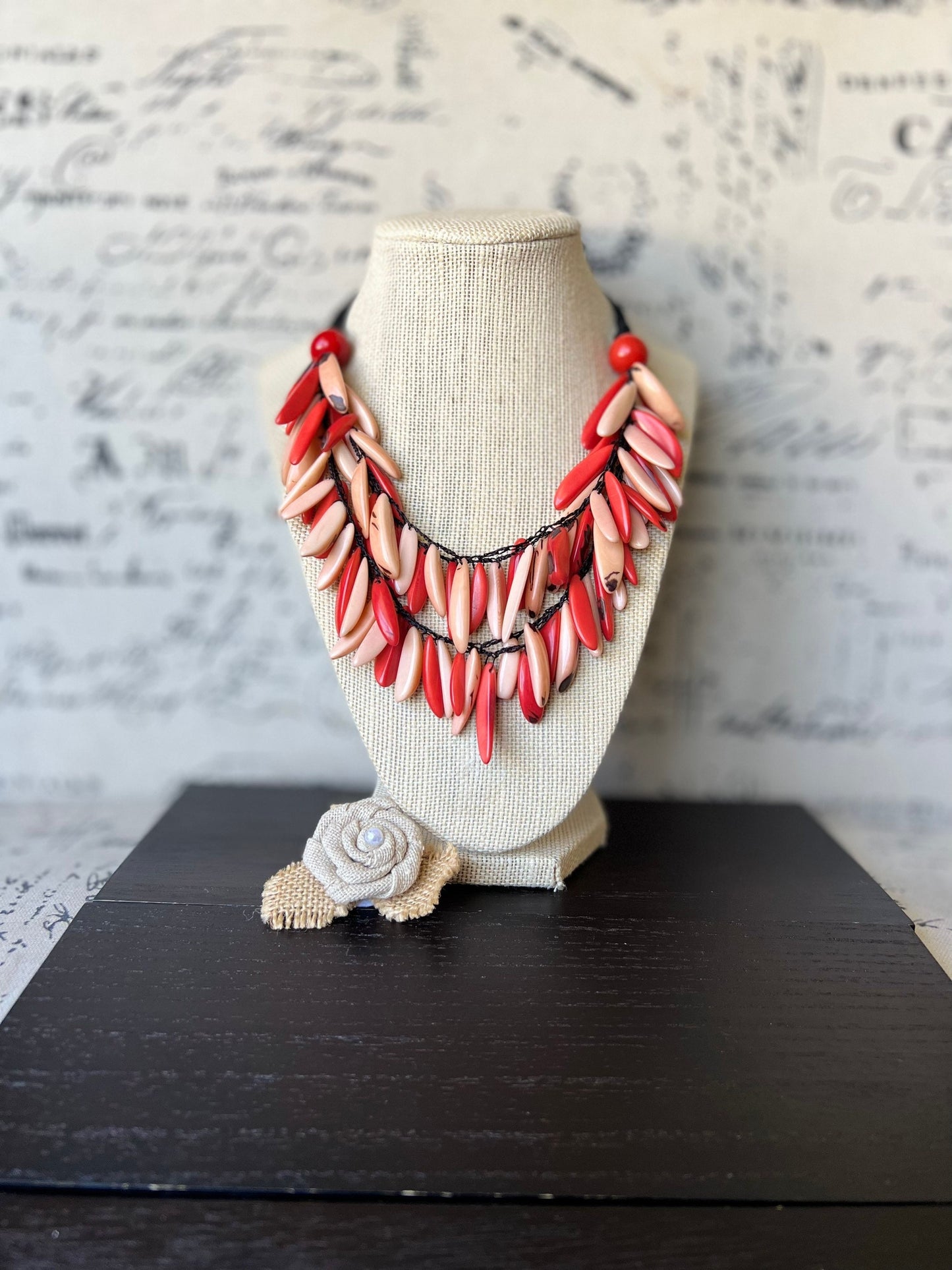 Coral red and peach fashion necklace Tagua necklace Big bold dramatic necklace Multi color necklace Wearable art Statement jewelry