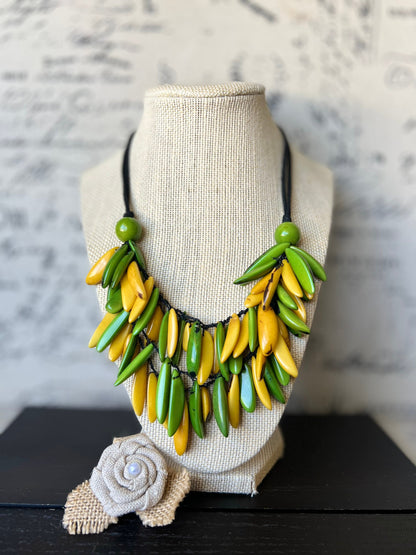 Green and yellow necklace Tagua necklace Big bold chunky necklace Adjustable cord Wearable art Handmade beaded necklace Fall fashion 2025s