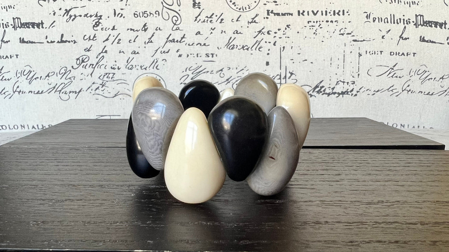 Black white and gray statement bracelet Tagua jewelry Big bracelet for women Chunky bracelet Raindrop bracelet Fall fashion Art to wear